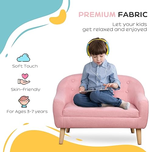 Miniatura 5 de Qaba Sofá para Niños de 2 Asientos, Sofá Sillón para Niños Pequeños, Tela Similar al Lino y Marco de Madera Silla Sofá para Edades 3-7, Asiento de