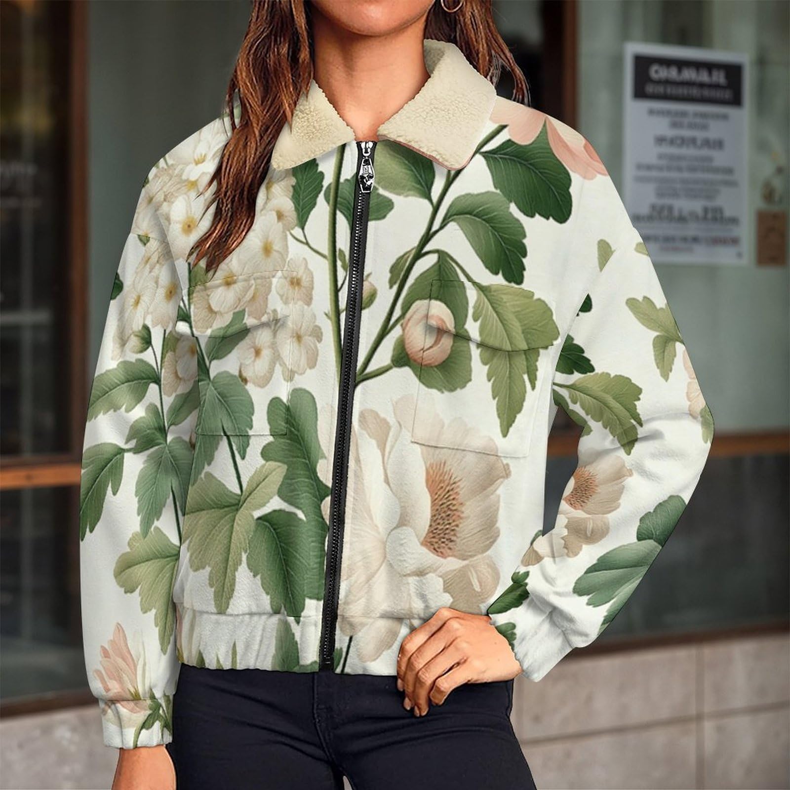 Donna Pile Giacca con Cerniera 2 Face, Piante fiori foglie Retrò, Comoda in Pile di Velluto Spesso e Tasche Giacca Calda, Casual Grande Giacche Autunno e Inverno
