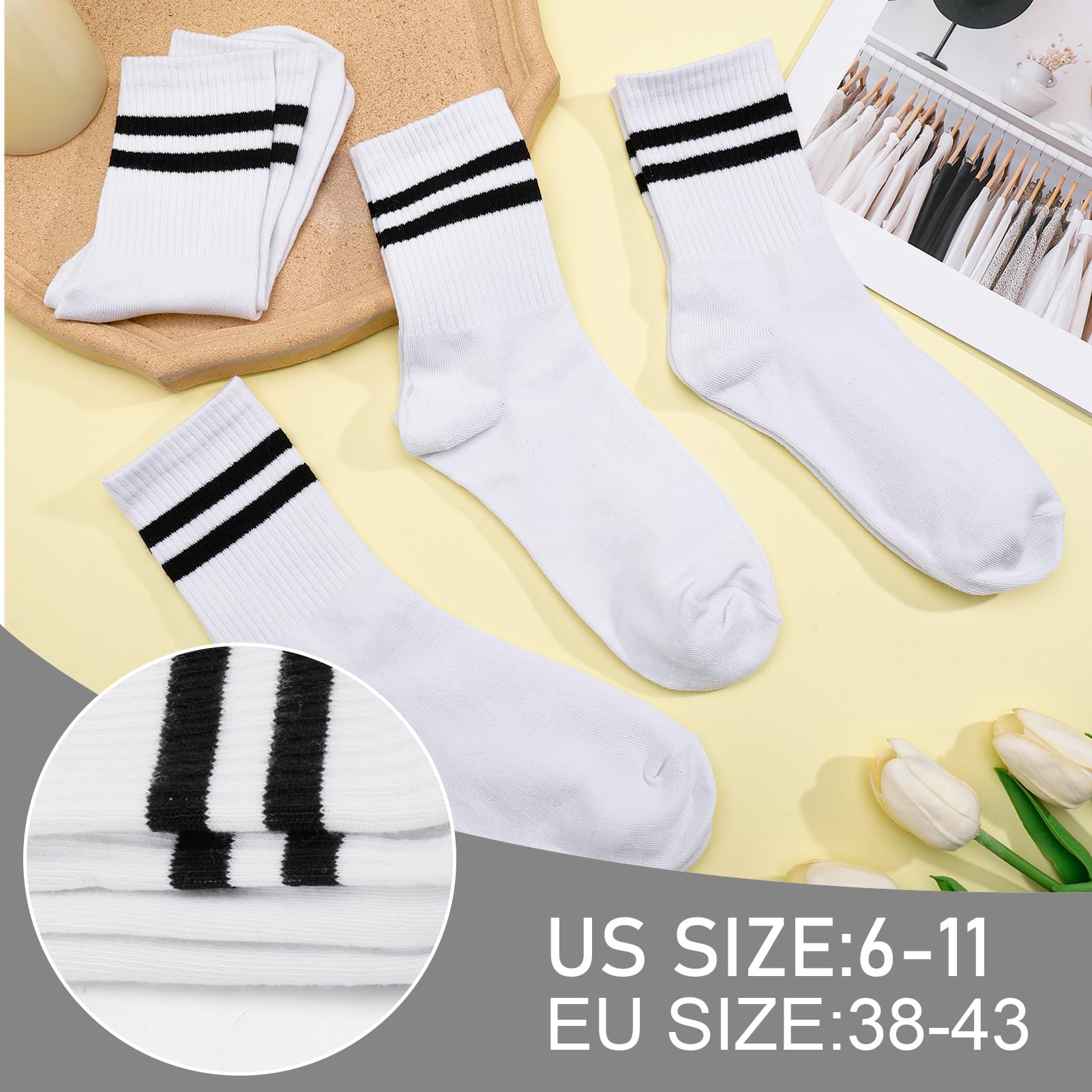 6 pares de calcetines a rayas retro para hombres y mujeres, calcetines atléticos transpirables casuales, calcetines de algodón multipack para hombres y mujeres, Blanco, Large