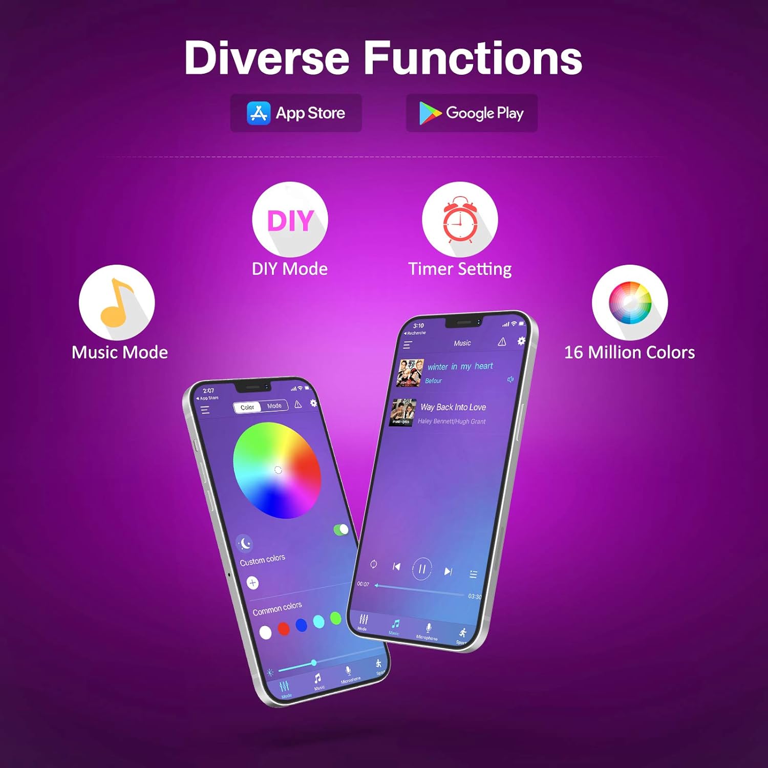 Image showing two smartphones displaying the MagicStrip app interface, highlighting features like Music Mode, DIY Mode, Timer Setting, and 16 Million Colors.