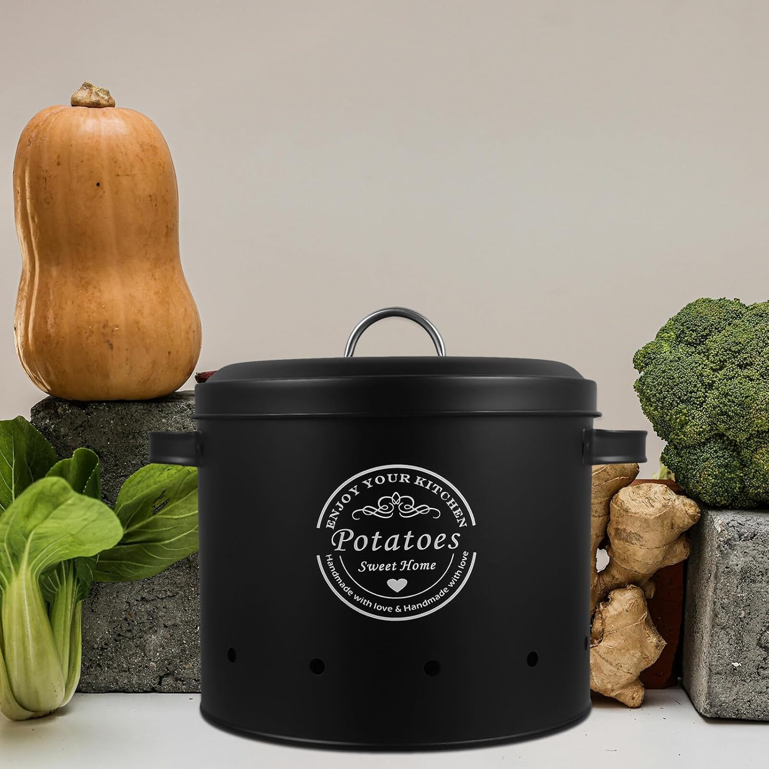 Ciieeo Potato Onion Garlic Storage Bin Metal Vegetable Container Black Kitchen Fresh Keeper Jar for Pantry Countertop Organization