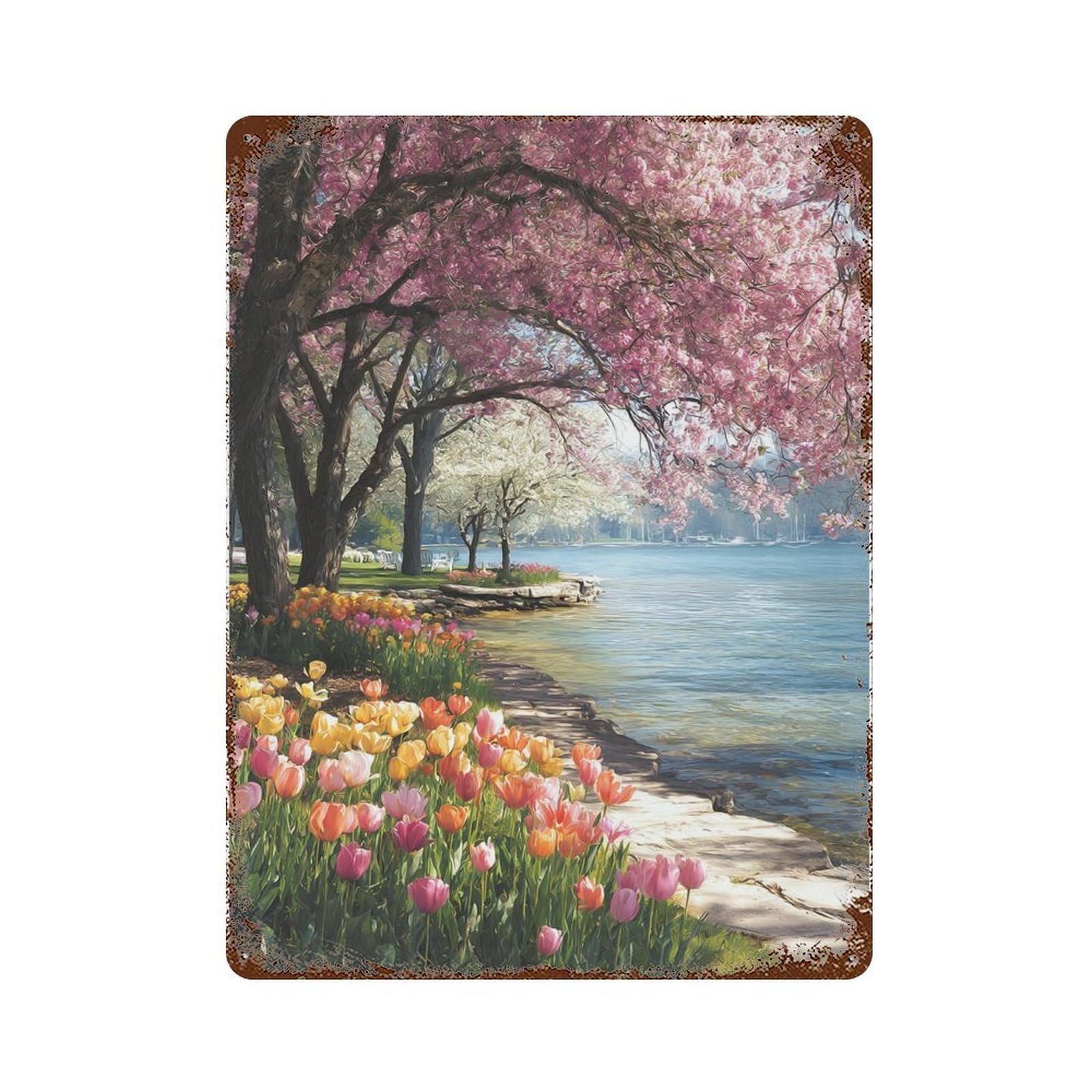 Cherry Blossom Lake Pathway Rust Effect Tin Sign 15.7"x11.8", Vintage Wall Decor for Garage, Pub Or Kitchen