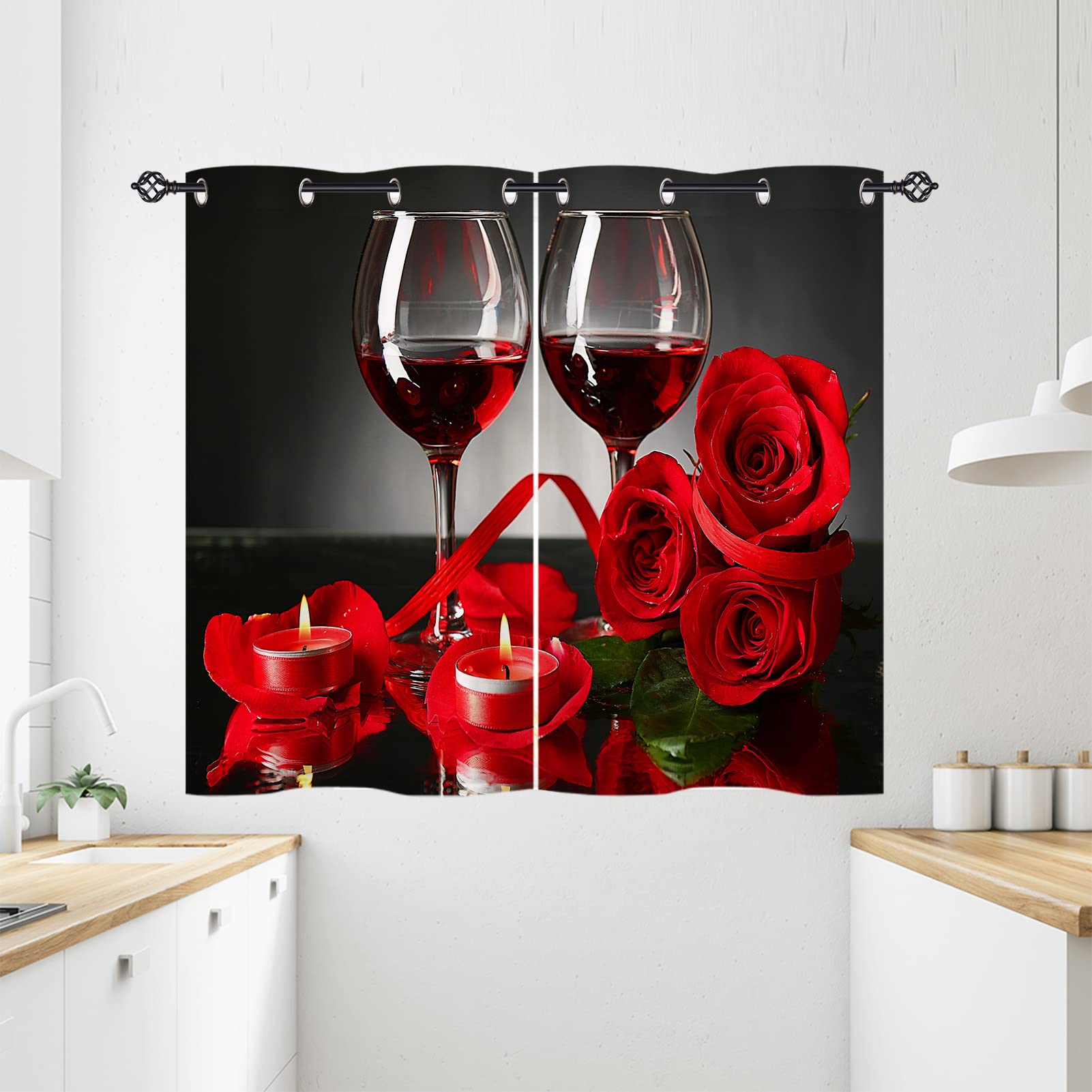ANHOPE Wine Curtains Eyelet 80% Blackout Room Darkening Curtains with Romantic Love Red Rose and Wine Print Pattern Thermal Insulated Window Drapes for Bedroom Living Room 28 x 54 Inch Drop 2 Panels โ image 1