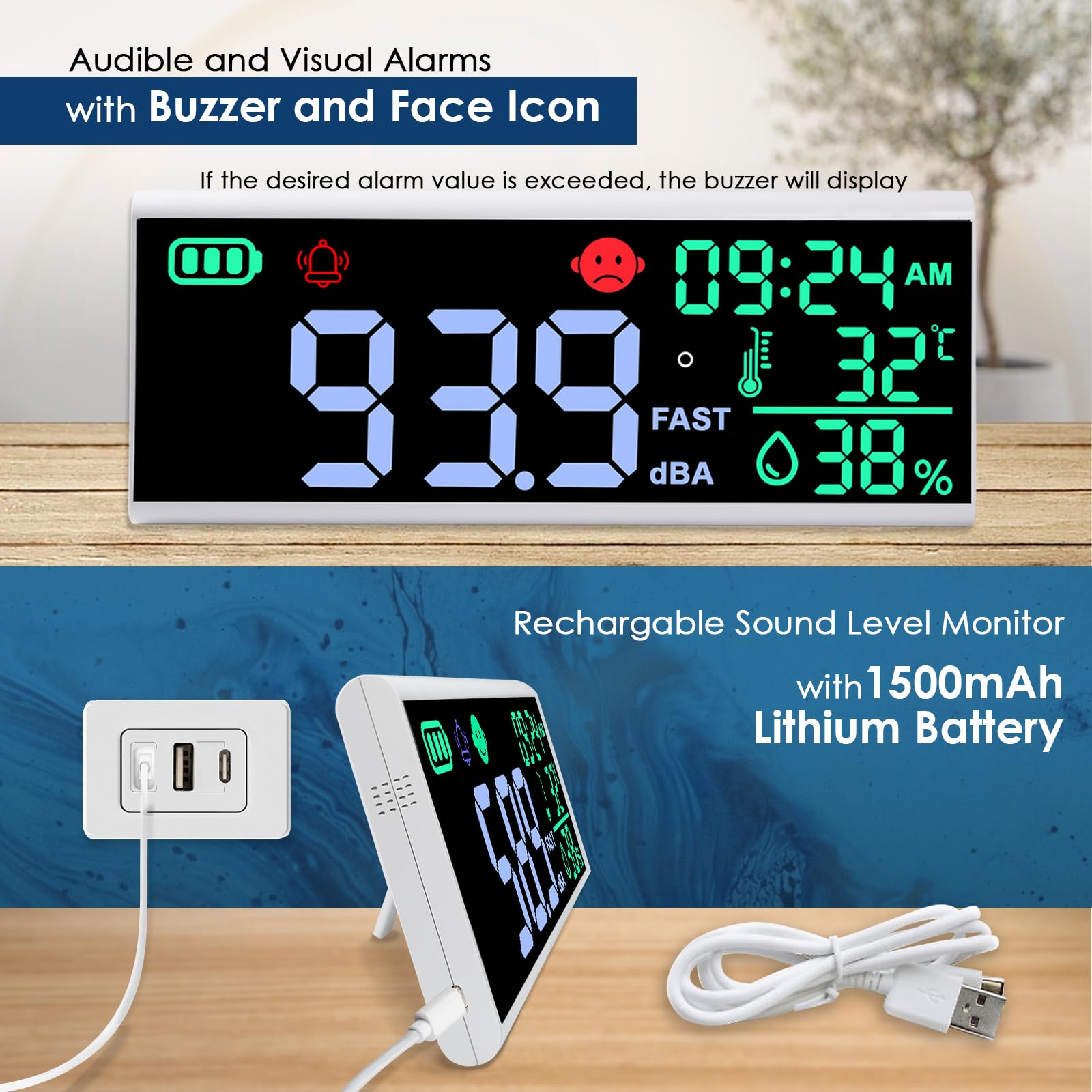 JuviPerpric 5-in-1 Decibel Meter Wall Hanging Sound Decibel Meter, Sound Level Meter with 13