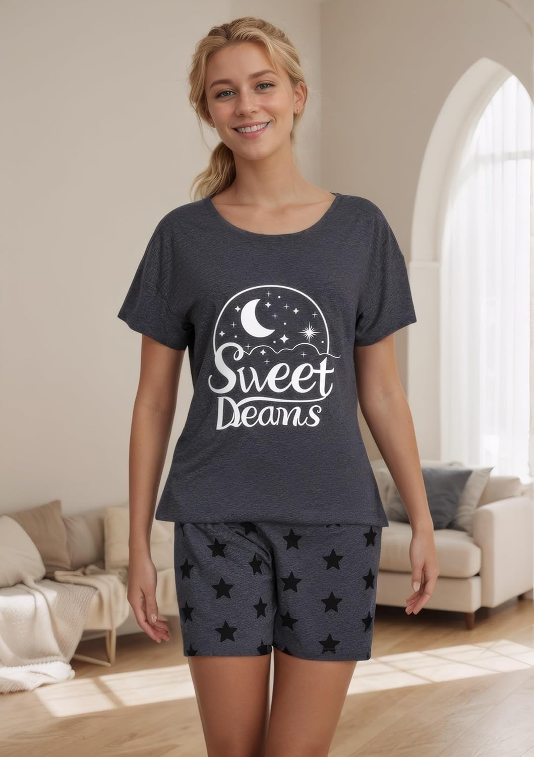 weVSwe Womens Pajamas Two Piece Adjustment Drawstring Loungewear Sets Sleepwear For Women Short Sleeve Pjs Set S-XXL - Image 2