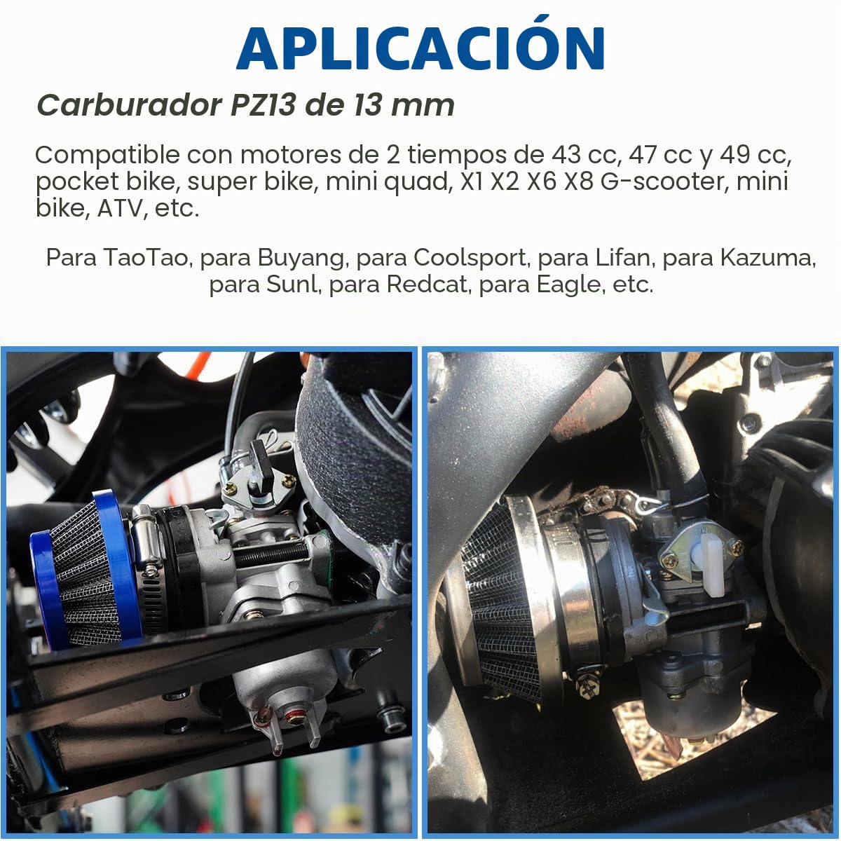 ZAMDOE Carburador PZ13 13 mm para Motor de 2 Tiempos 43cc 47cc 49cc Mini Moto Bici de Bolsillo Cuatriciclo Kart del ciclomotor Bicicleta Sucia Motocicleta Scooter con Filtro de Aire de 44 mm