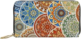 Carteiras femininas de couro genuíno colorido Mnadala flor círculo porta-cartão de crédito estojo com zíper organizador de embreagem de couro feminino bolsa longa de viagem, Círculo colorido de flor Mnadala, 7x4.3x0.8 Inches