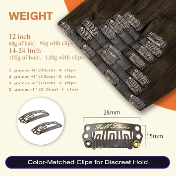 Full Shine Total 2 Packs #2 Dark Brown 24 Inch Seamless Clip ins, 22 Inch Invisi Edge Clip in Hair Extensions Blonde Highlight