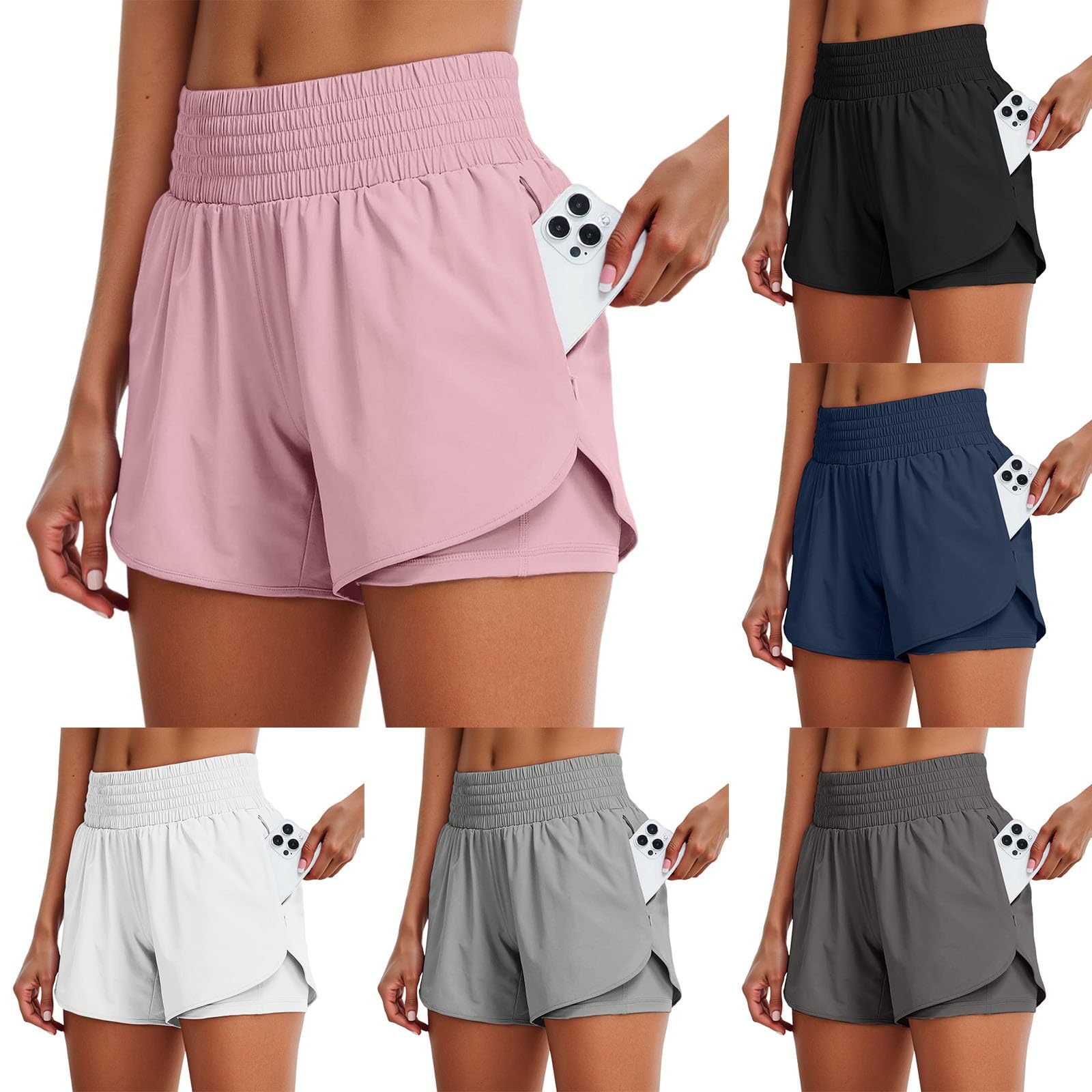 Kurze Hose Damen, 2 In 1 Laufshorts Running Shorts Beiläufige Elastisch Kurze Hosen Mit Taschen Workout Sportrock Elastischer Bund Mit Innenfutter Hose Fitness Yoga Jogging Training Sporthose