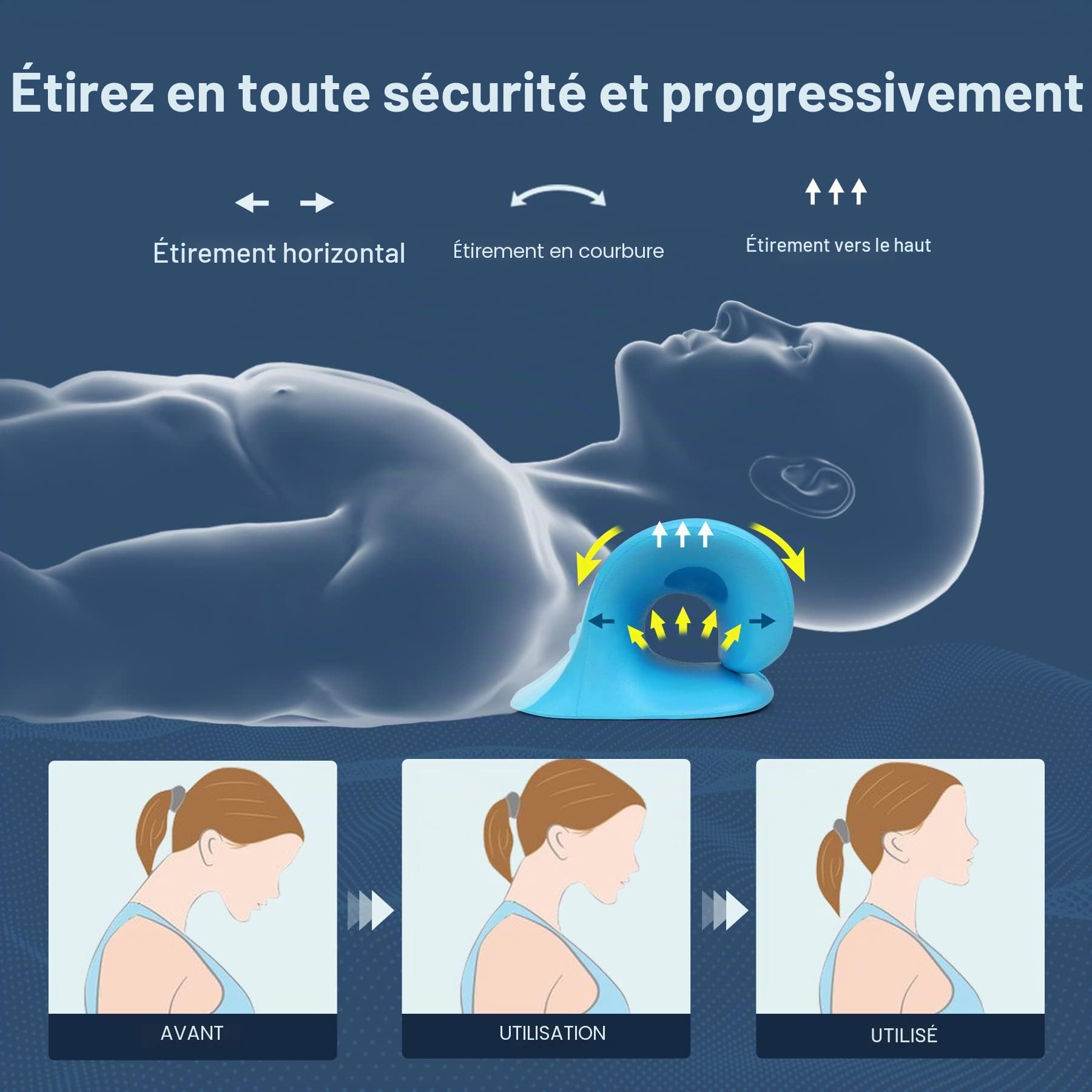Étireur de cou, relaxant pour le cou et les épaules, pour soulager la douleur, dispositif de traction cervicale, oreiller pour relaxation musculaire et soulagement de la douleur TMJ (bleu)