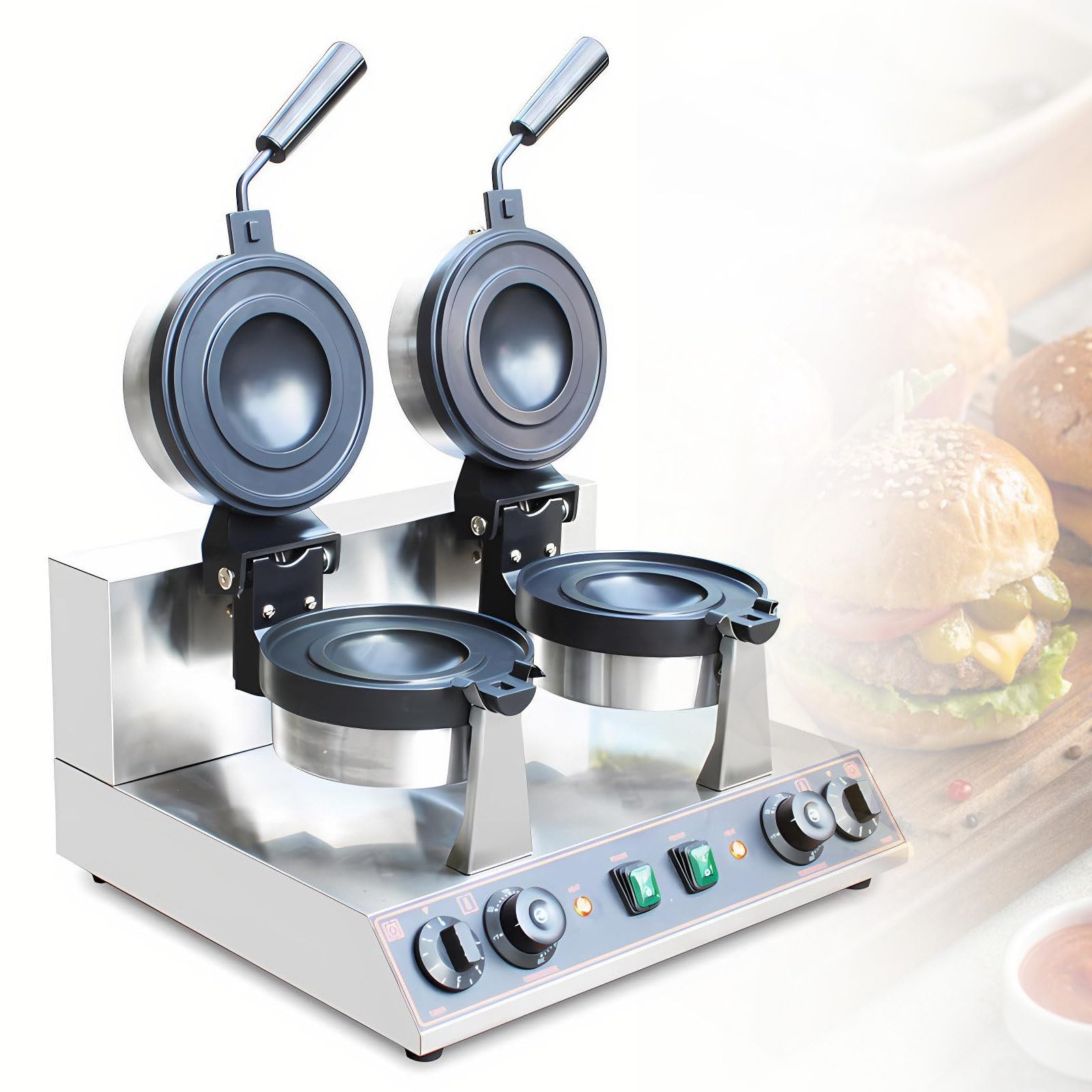 Pressa e Waffle Maker Elettrica, Dispositivo di Cottura Doppio Antiaderente con Temperatura Regolabile da 50-300°C, Ideale per cucine domestiche e Commerciali