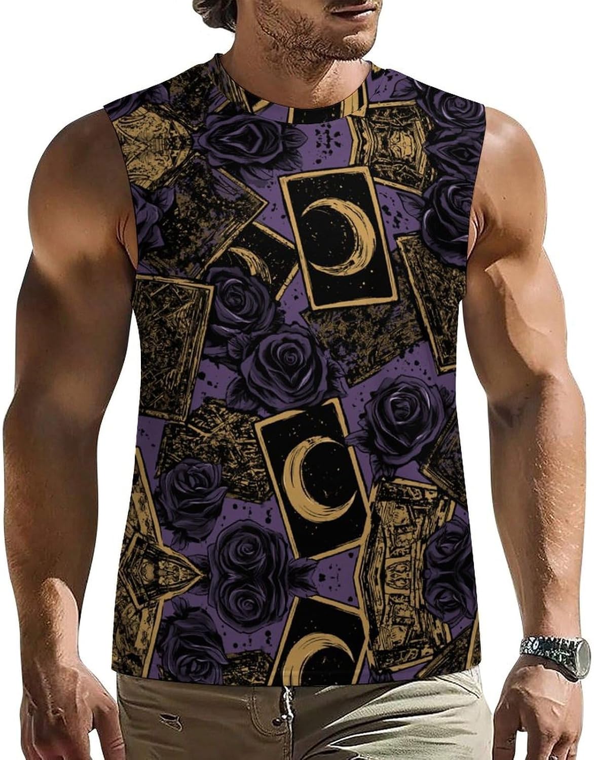 Cards and FlowersMen's Sleeveless Crew Neck Knit Top, Soft Faux Cotton Everyday Casual Basic Blouse