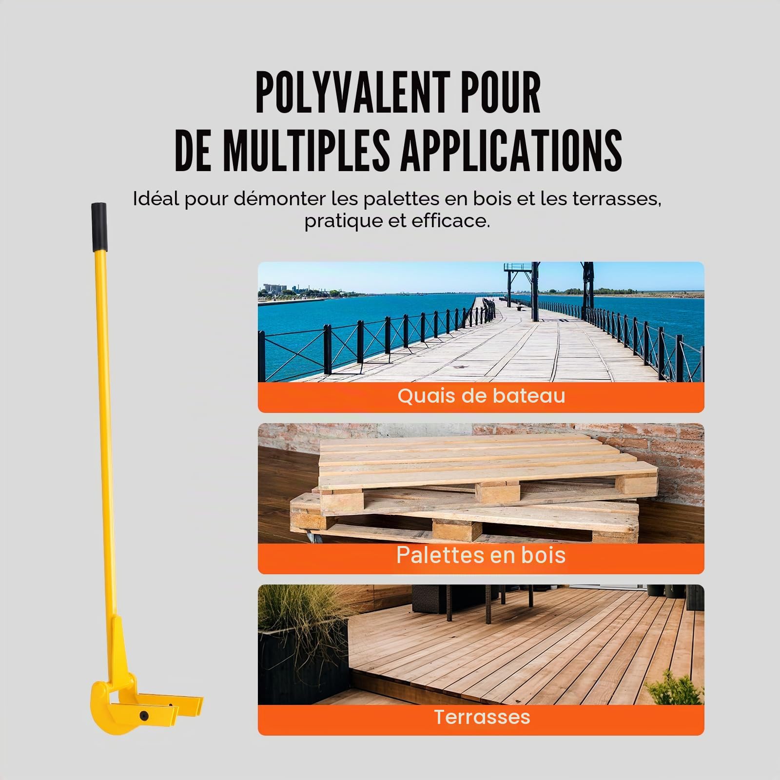 VEVOR Démonte Palette 114,3 cm Arrache Palettes Capacité de Charge 907 kg Acier au Carbone Q235 Outil de Démontage de Palettes en Bois avec Manche 104 cm Paire de Gants pour Démonter Enlever Planches