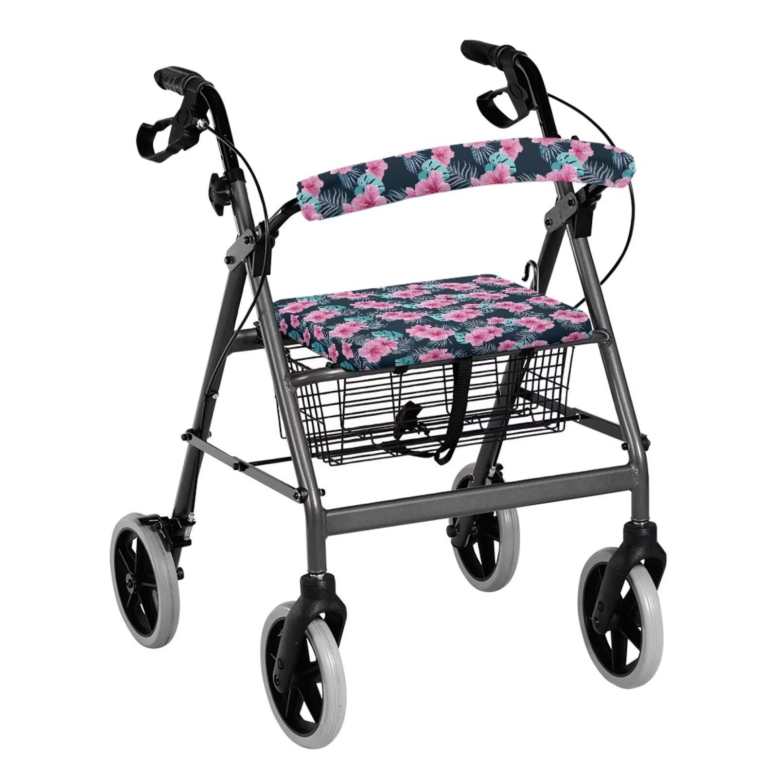 Adjustable Rollator Walker Seat and Backrest Covers Pink Hibiscus Palm Accessories for Rollator Walkers Pattern Protect Walker Seats Covers for Ladies