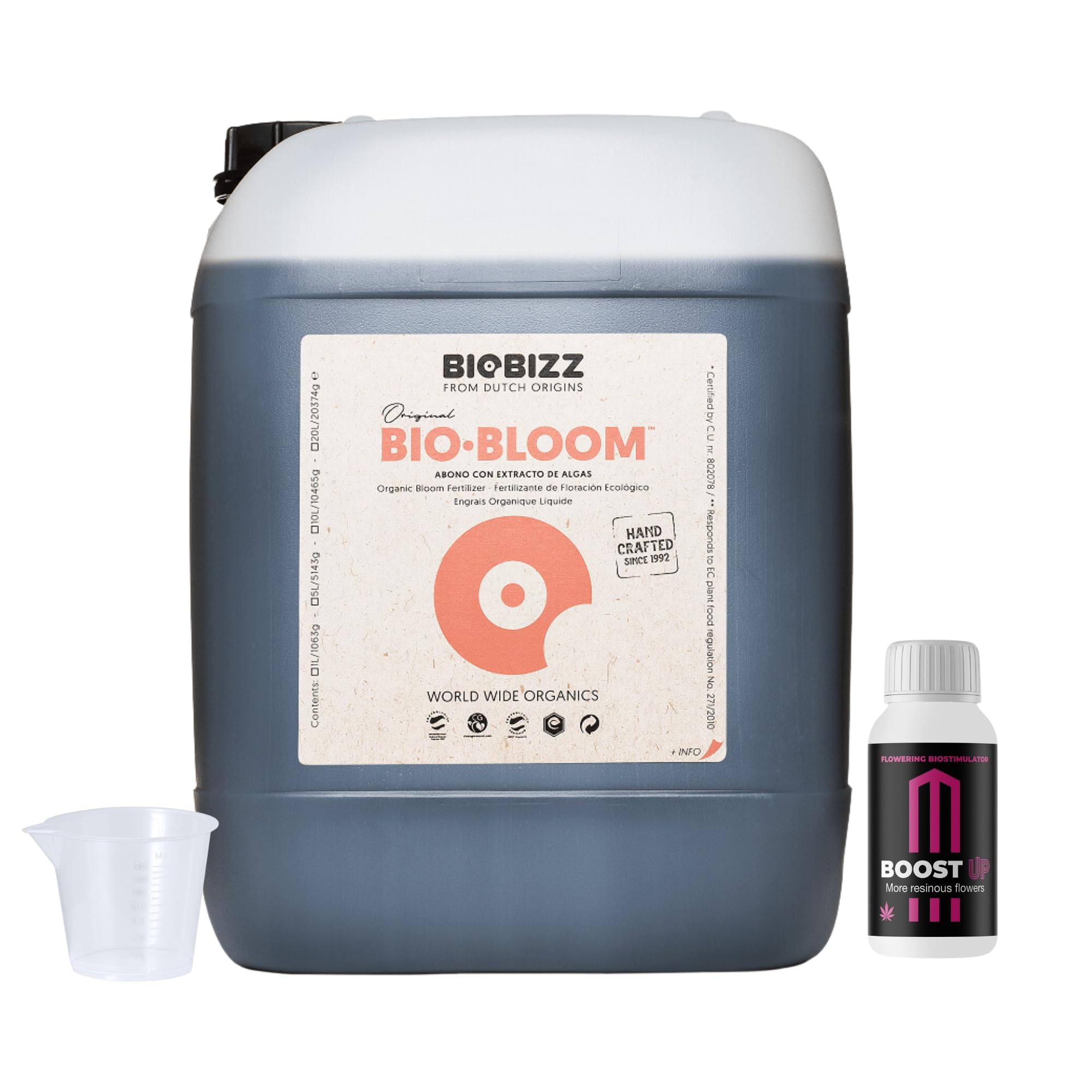 GROWMANIA Bio Bloom firmy BioBizz 10 l + próbka Boost Up firmy Up Nutrients + miarka | Biobloom rozwiązanie do masywnego kwitnienia | dla rolników i dużych producentów