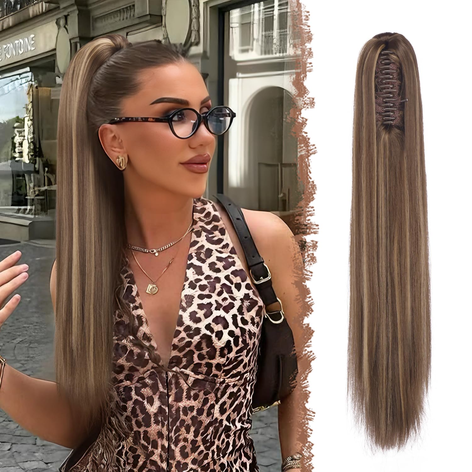 FESHFEN Langer Pferdeschwanz Haarteil - Glatte Zopf Extensions mit Klammer Synthetik Haarverlängerung Claw Clip in Ponytail Haare Extension für Damen, 63 cm Honigblond Gemischt Mit Hellbraun