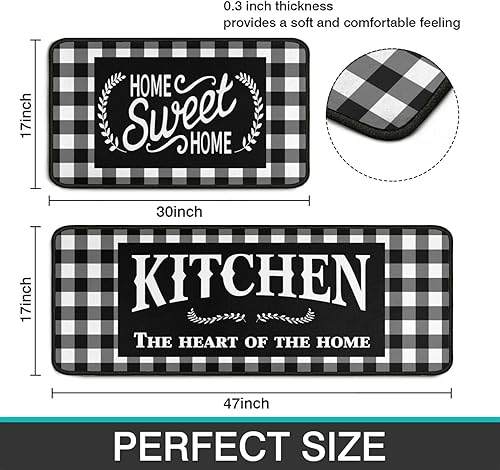 Miniatura 2 de Haretu Framhouse - Juego de 2 alfombras y tapetes de cocina, a cuadros blancos y negros, antideslizantes, para decoración de cocina del hogar, 17 x