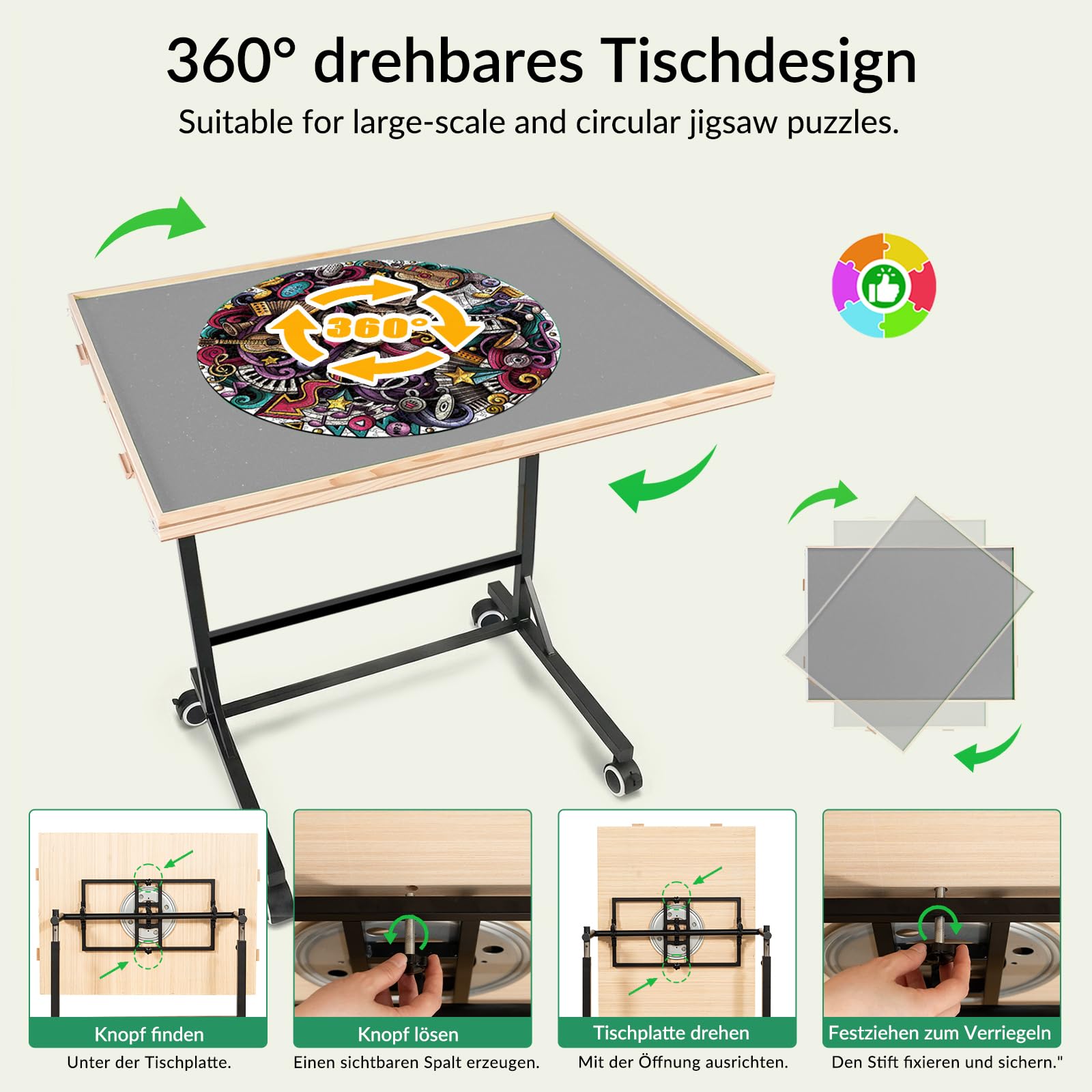 Tavolo puzzle da 1500 pezzi con gambe e ruote, tavolo puzzle in legno con 4 cassetti e copertura, stabilità migliorata e design leggero ottimizzato, opzione verticale