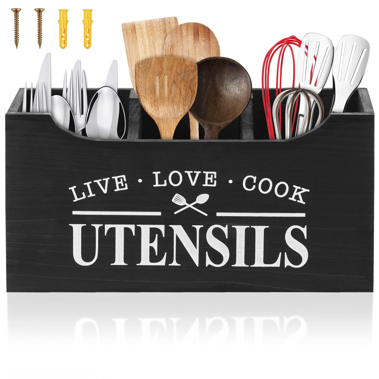 Lulobtg Black Kitchen Utensils Holder, Wall Mounted Wooden Cutlery Caddy With 3 Compartments And Drainage Bottom, Wood Silverware Organizer, Cooking Tools Container For Kitchen Countertop
