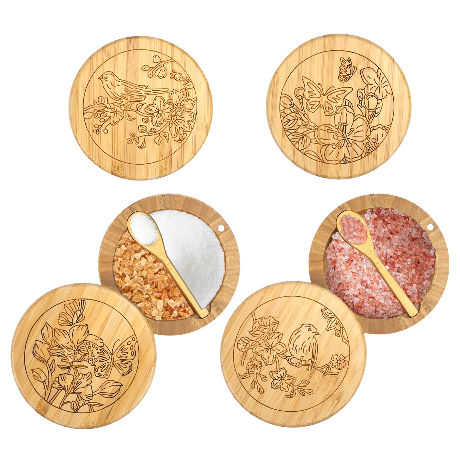 RETON Paquete de 4 cajas de sal de bambú con divisor, contenedor de especias de madera para especias y pimienta con tapa giratoria magnética y cuchara, tarros de madera para sal, pimienta, especias
