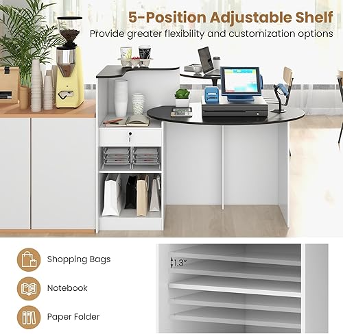 Vista 52 de Tangkula Escritorio de recepción, mostrador frontal con cajón con cerradura y estante ajustable, escritorio ovalado, mostrador minorista para pagar