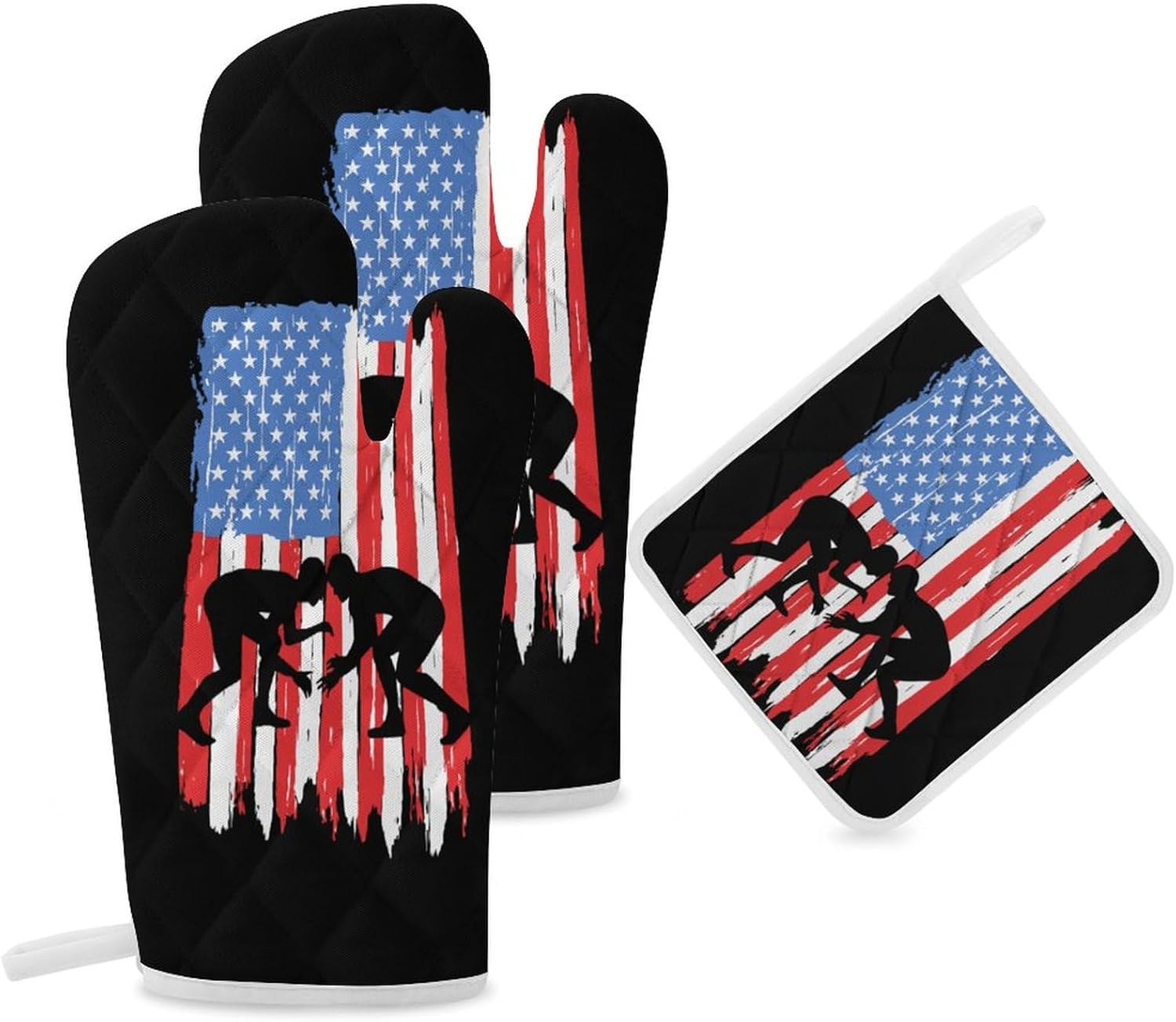 U.S.A. Wrestling Flag Print Oven Mitts and Pot Holders 3 Piece Sets Heat Resistant Gloves Hot Pads Potholders for Kitchen Baking Cooking