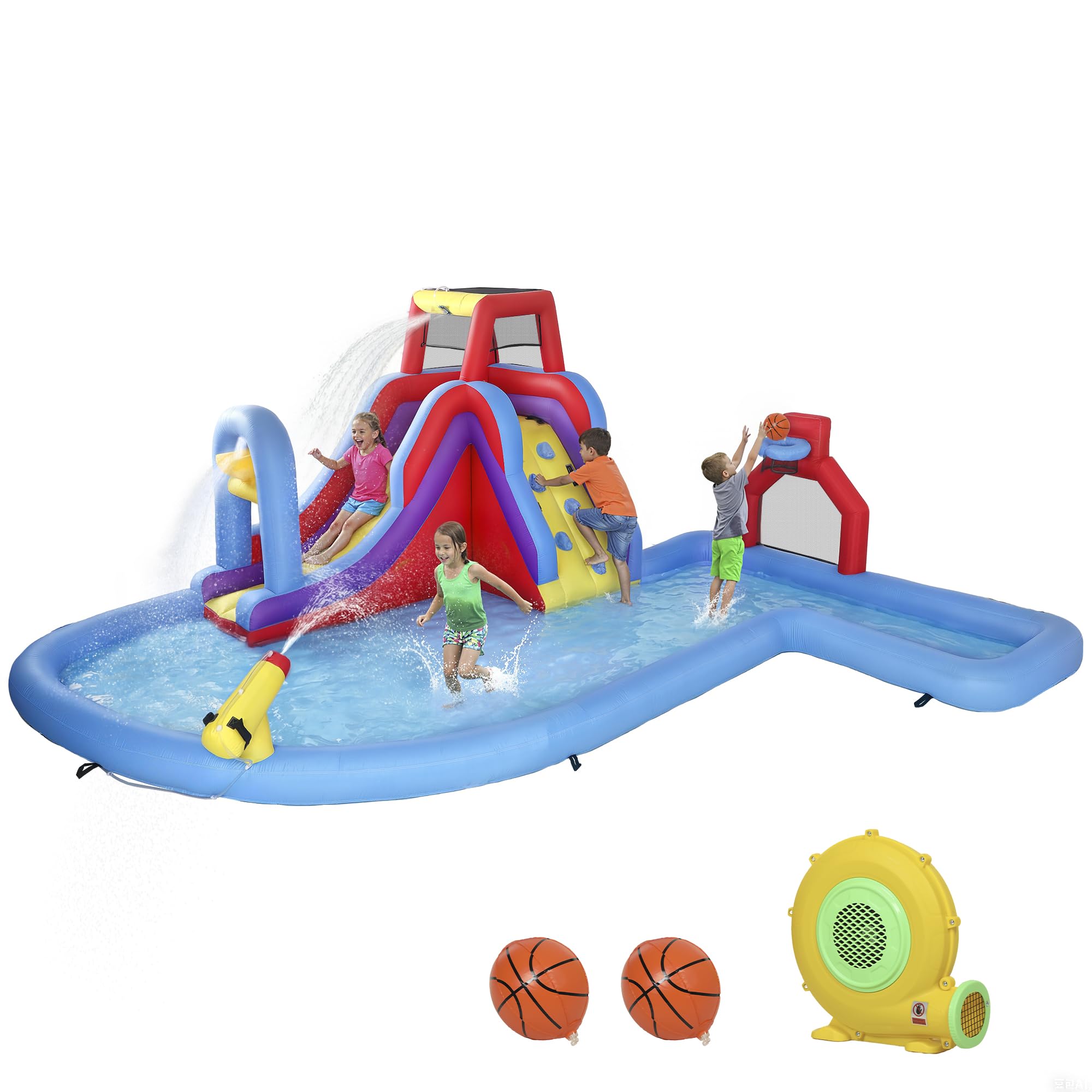 AIYAPLAY Castillo Hinchable Acuático con Soplador 550W 6 en 1 Castillo Hinchable para Niños con Tobogán Pared de Escalada Piscina Aro de Baloncesto Portería de Fútbol Exterior Interior 470x445x205 cm