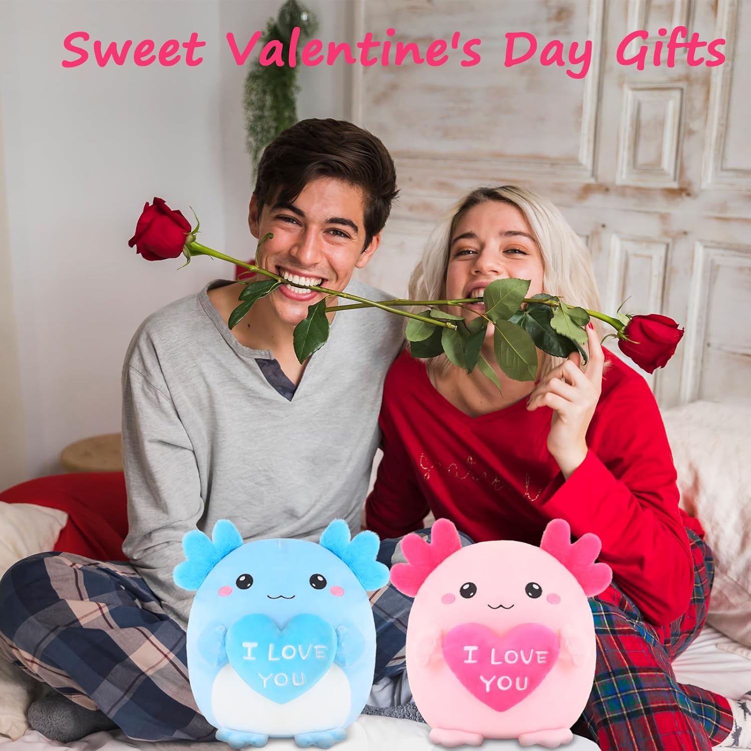 Axolotl Stuffed Animal, Loving Axolotl Plush Toys with Holding Heart I Love You for Valentine's Day, Sweet Romantic Anniversary Birthday Gift for Girlfriend/Boyfriend(Pink,10 inch)