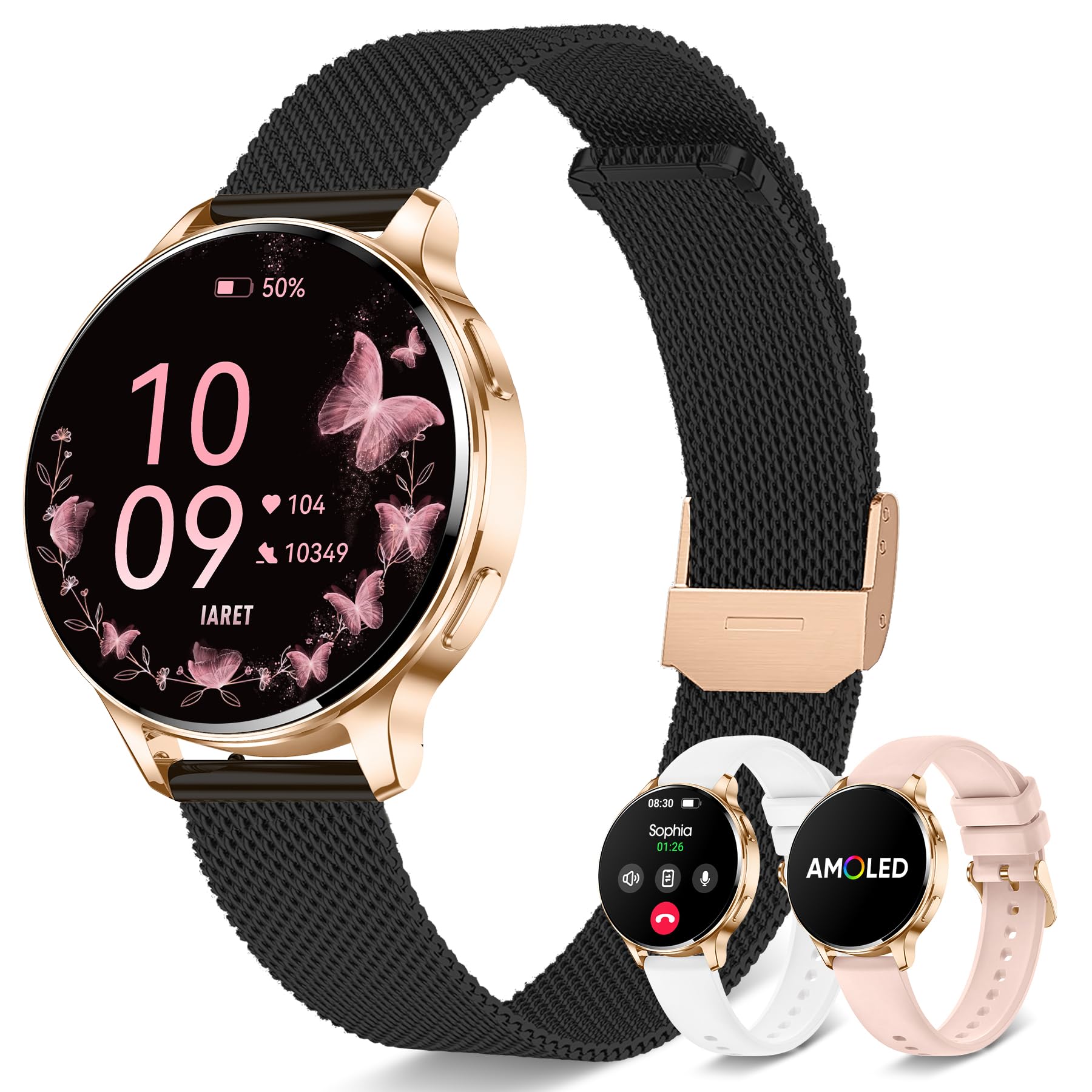 Iaret Smartwatch Damen Rund mit 3 Armbändern, 1,27" AMOLED Display, Telefonfunktion, 120+ Sportmodi, 24H SpO2/Puls, Schlafmonitor, Fitnessuhr für iOS Android, Schwarzgold - Geschenk für Frauen