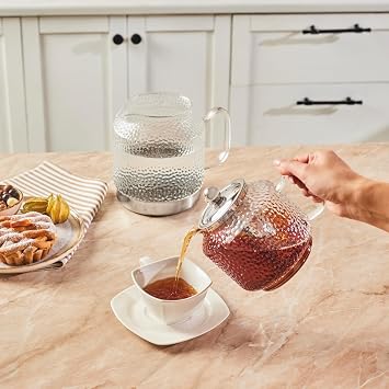 Karaca Glissia Borosilicate Glass Turkish Teapot Set XLarge Clear Double Teapot, Heat Resistant Glass Teapot, Induction Compatible Stovetop Tea Kettle, Traditional Turkish Tea Maker