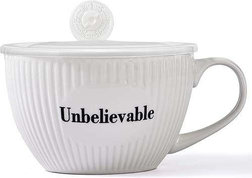 Increíble taza de sopa de 28 onzas, lonchera de porcelana a rayas con tapa, divertido cuenco de cerámica blanca con asa y cubierta para comidas o