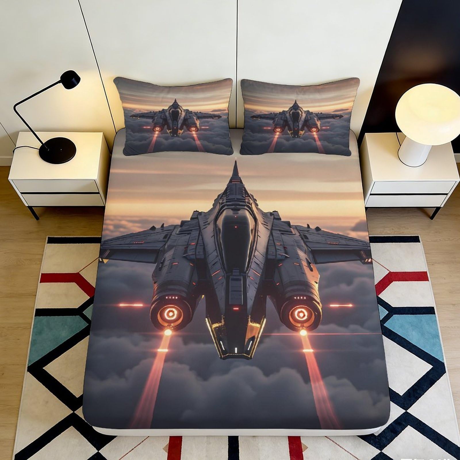 3D Printed Fighter Jet Fitted Sheet Microfiber Deep Pocket Bedroom Bedding Set Elastic Hem Fighter Jet Mattress Fitted Cover 90x200x25cm