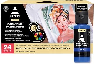 ARTEZA Fabric Paint, Set of 24, Permanent Paint, Textile Paint for Drawing on T-Shirts, Denim, Cotton, Linen, and Mixed Fabrics