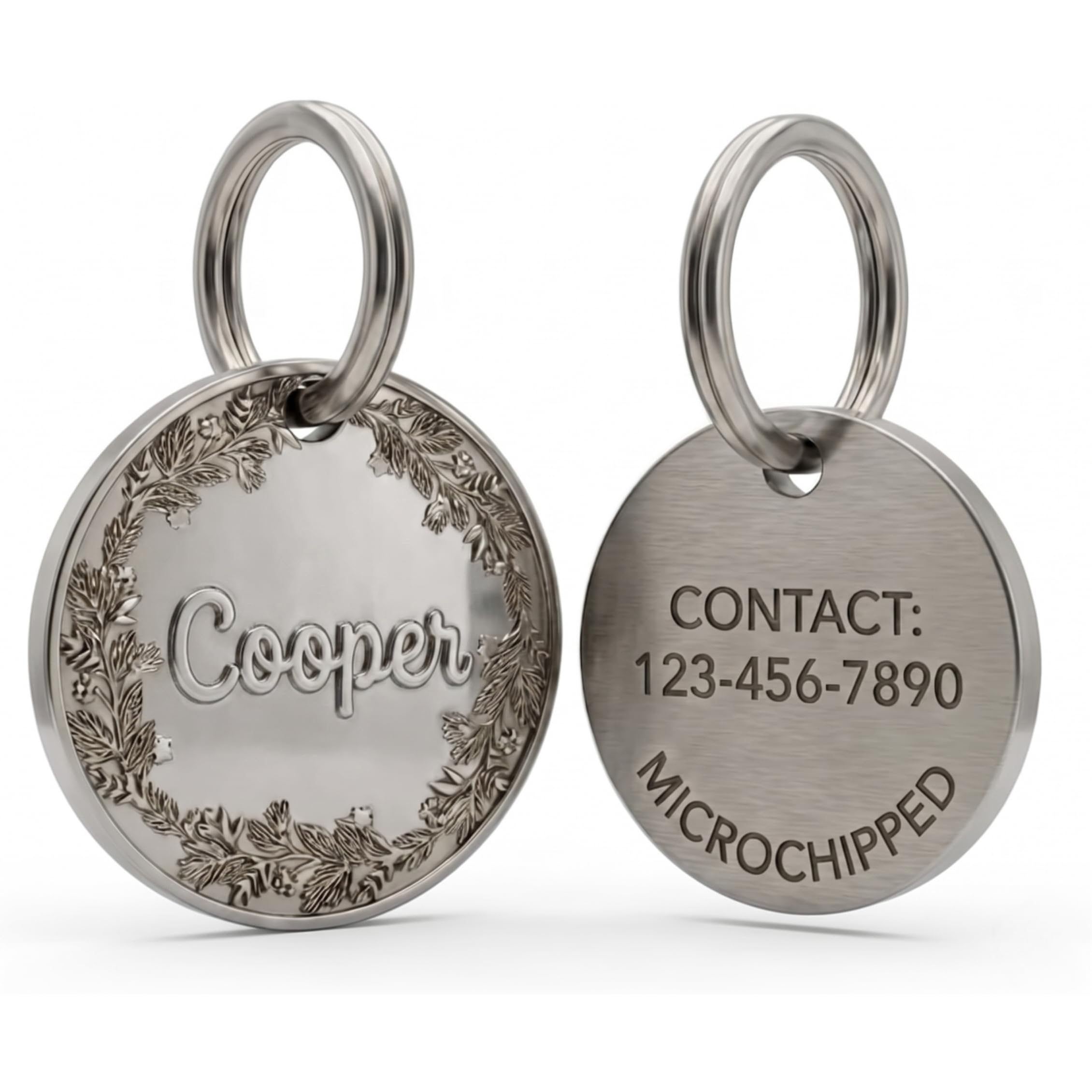 Personalised Dog Tag & Cat ID, Solid Brass with 3D Floral Wreath, Deep Engraved Name & Contact, Premium Pet Charm UK, Secure Ring Clasp – 25/30mm — image 1