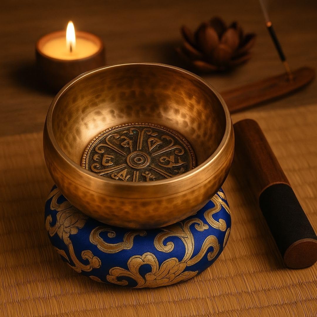 • Bol Tibétain Chantant Méditation Fait à la main à Bhaktapur (Népal) - 450gr ⌀11,5cm - Coffret Zen - Papier népalais - Coussin Bol Chantant (Métaux Anciens Chakra) - Maillet Bois