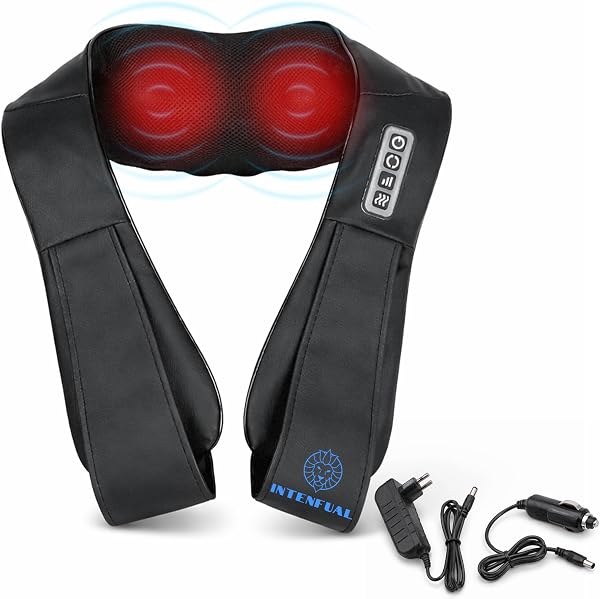 Masajeador Cervical y Espalda Shiatsu con Calor, Masajeador de Cuello, Hombros y Lumbar con 2 Nodos Rotatorios y 4 Cabezales, 3 Intensidades, Masaje Profundo 3D, Uso en Casa y Coche (No Inalámbrico) - 1