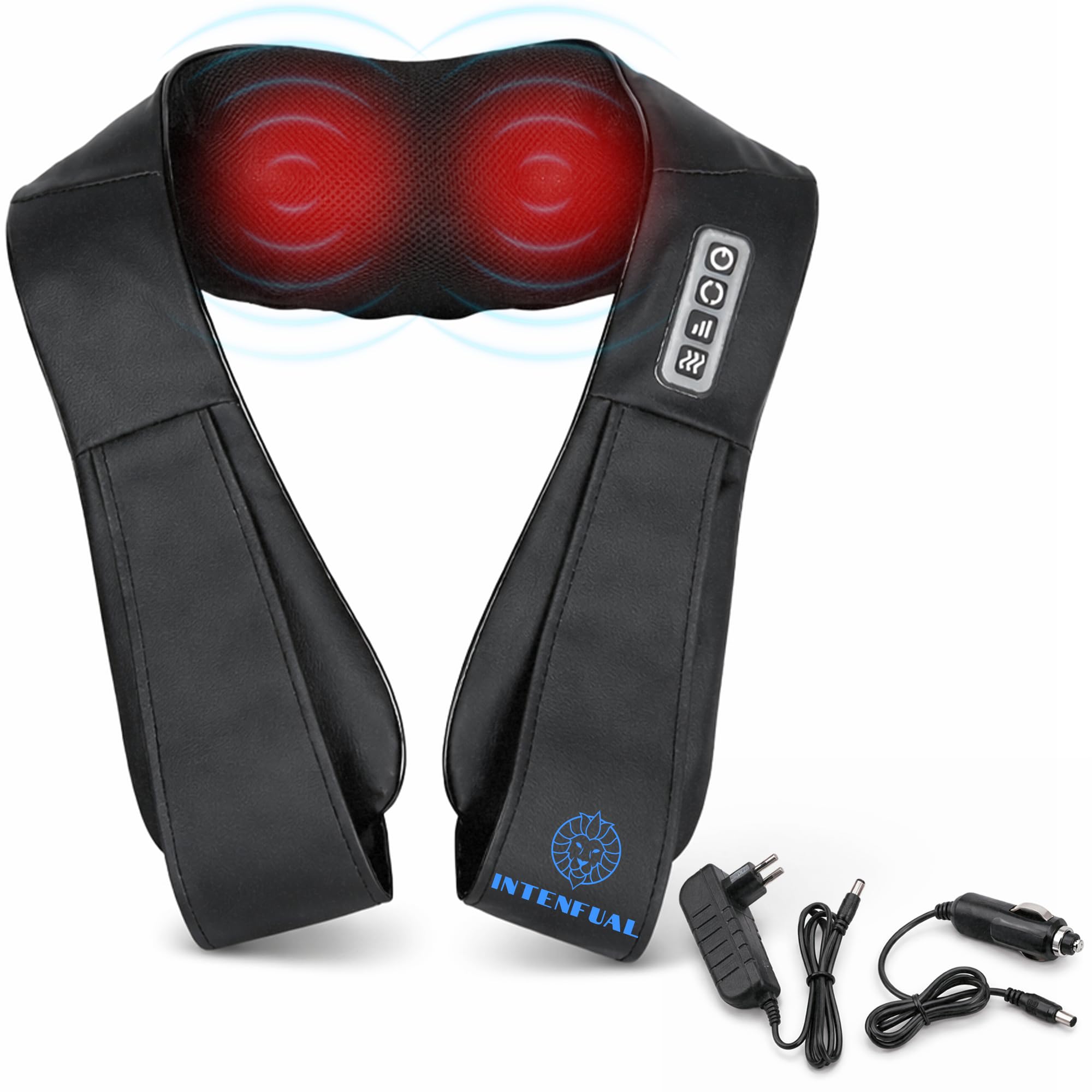 Masajeador Cervical y Espalda Shiatsu con Calor, Masajeador de Cuello, Hombros y Lumbar con 2 Nodos Rotatorios y 4 Cabezales, 3 Intensidades, Masaje Profundo 3D, Uso en Casa y Coche (No Inalámbrico)