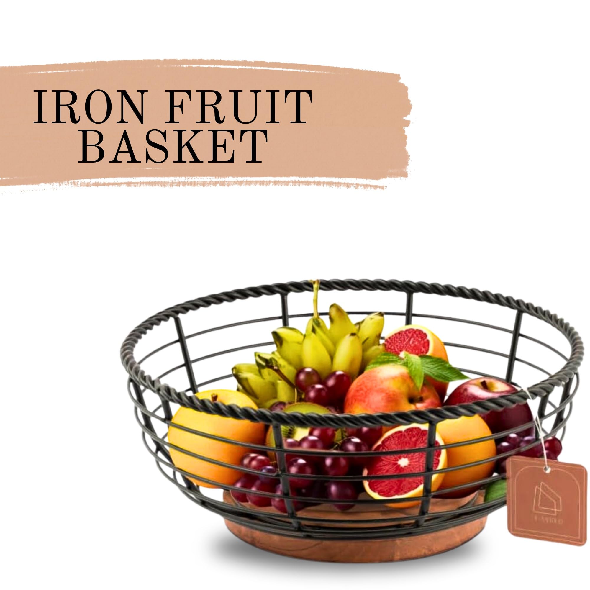 DE- AARTICO Wood and Iron Fruit Bowls Dishwasher Safe Basket Gift for Home Kitchen, Medium, Natural