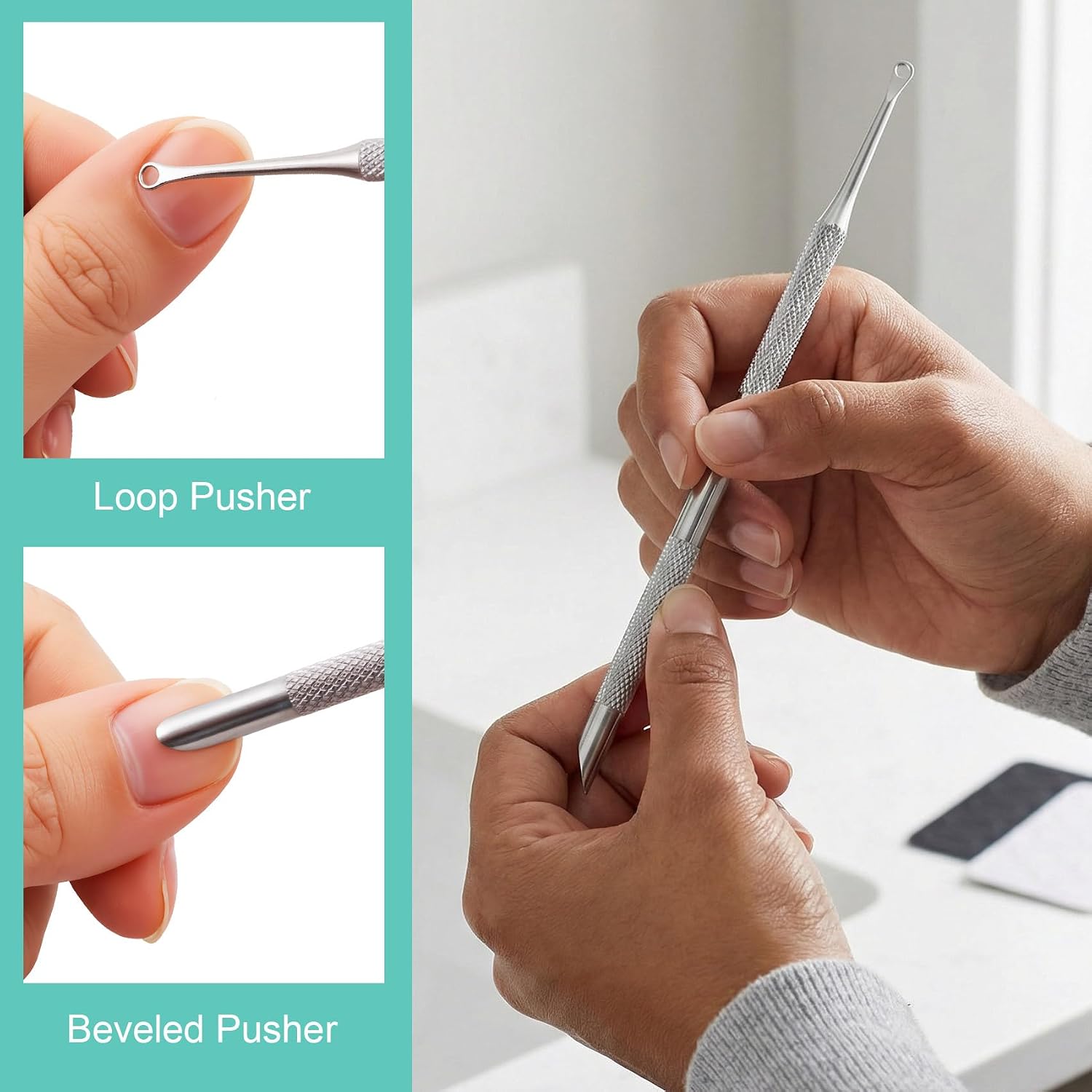 Nail Cuticle Pusher with 100#/240# Grit Nail Files, Stainless steel Nail Cuticle Pusher Remover Tools, Finger Toenails Scraper for Manicure & Pedicure-Silver image 3
