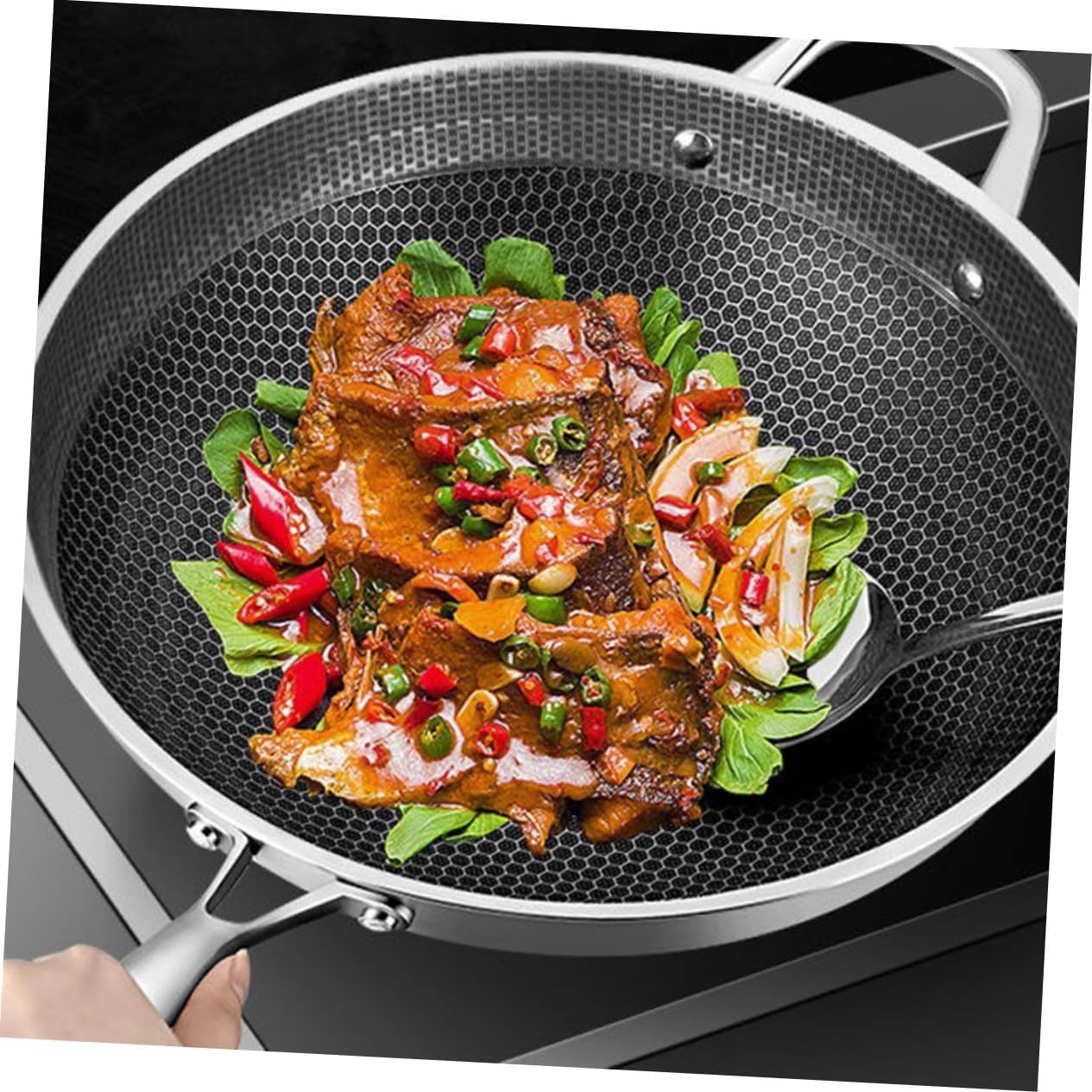 MAGICLULU Household Stainless Steel Fry Wok Pan Non-stick Cooking Tool for Electric Stoves for Frying Vegetables Eggs and More Design for -term Use