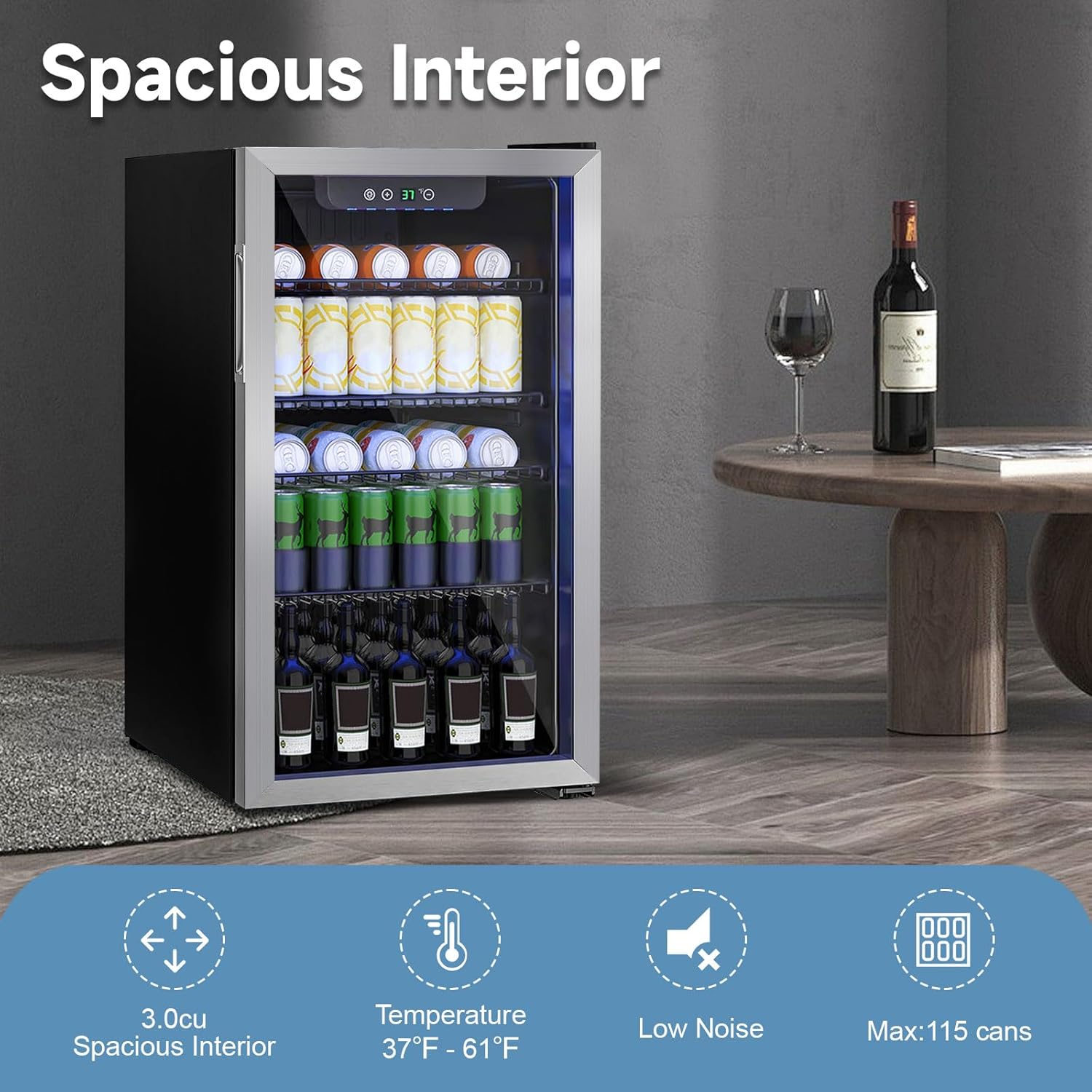 Compact Beverage Refrigerator Cooler, 105 Can/3.0 Cubic Feet Mini Fridge with Glass Front Door, Digital Display Small Refrigerator with Adjustable Shelves for Soda, Beer or Wine