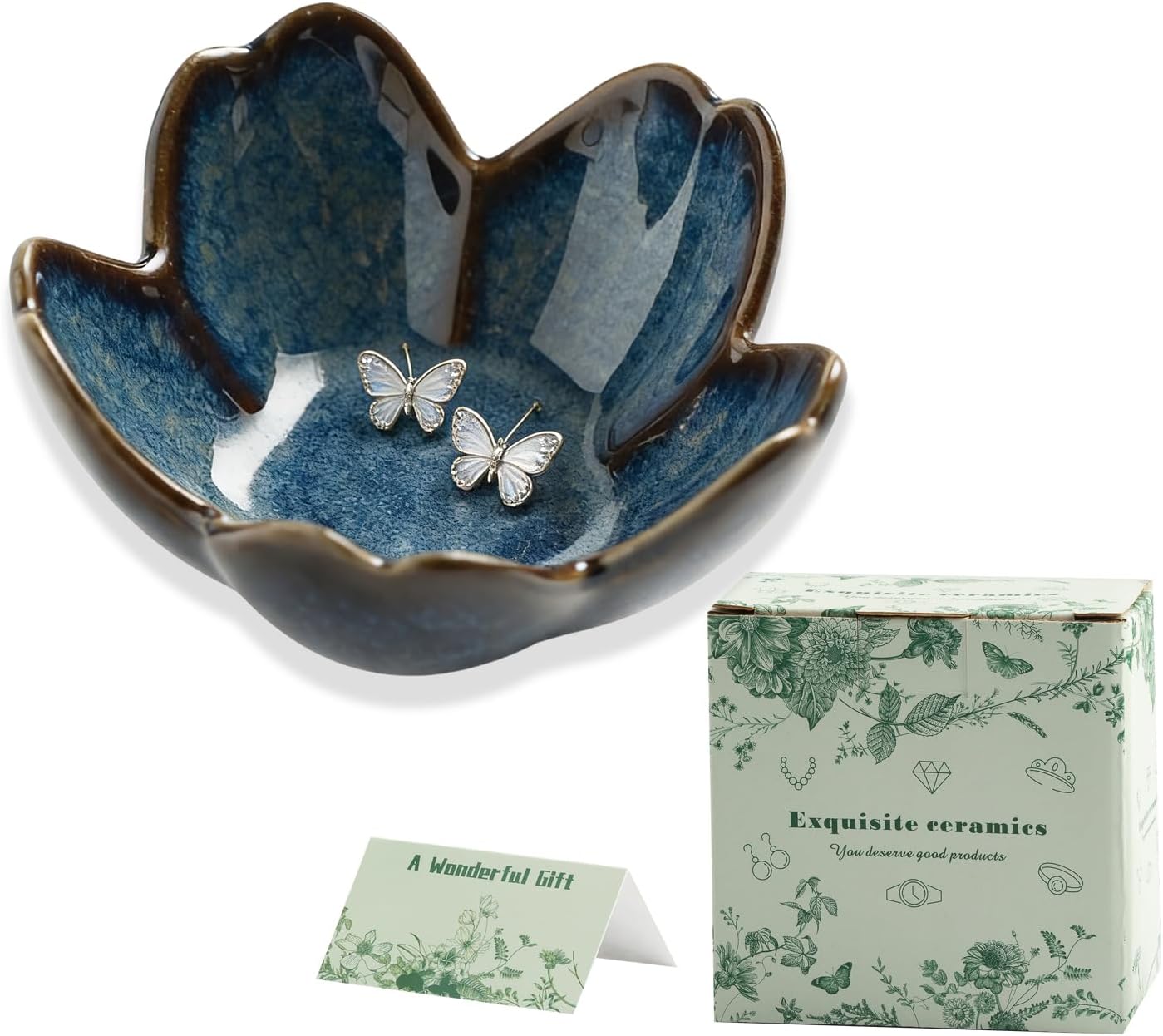 Mecaikru Flower Jewelry Tray Ceramic Ring Dish Jewelry Dish Small Trinket Tray Cute Ring Holder Key Bowl Decorative Plate Gifts For Mom/Sister/Friend, Birthday/Mother's Day/Christmas Gift (dark green)