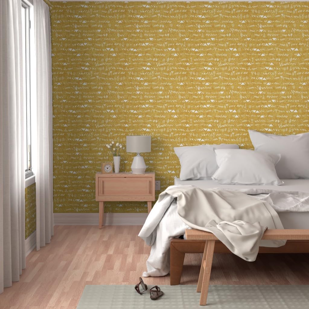 Peel & Stick Wallpaper 9ft x 2ft - Mustard Yellow Geometric Abstract Triangle Boho Custom Removable Wallpaper by Spoonflower
