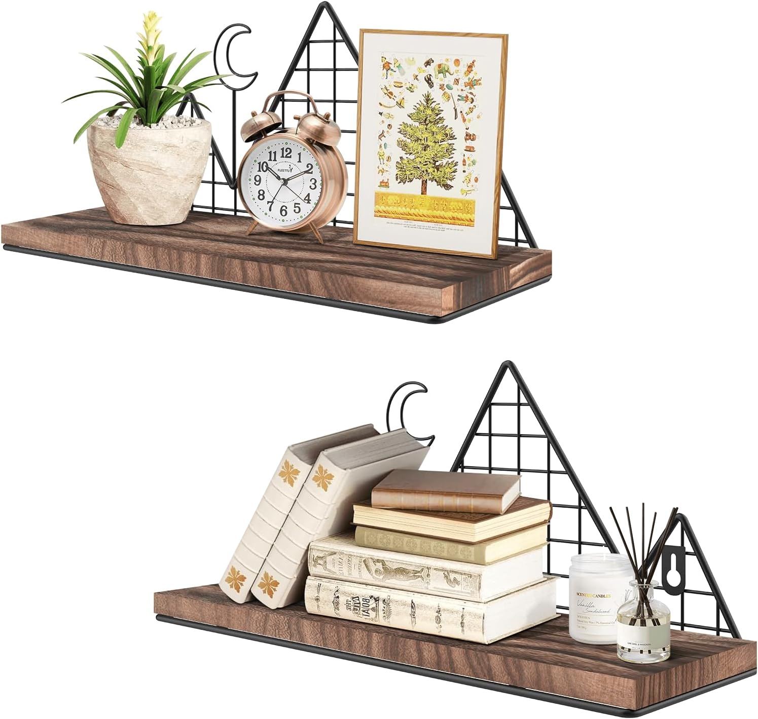Homode Floating Shelves, Set of 2 Mountain Wall Shelves, Rustic Wood Display Storage Shelf with Metal Wire, Geometric Decor for Bathroom, Nursery, Bedroom, Office, Brown and Black
