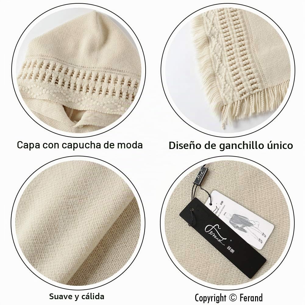 Ferand Poncho con Capucha para Mujer Capa de Crochet con Dobladillo con Flecos para Otoño Invierno