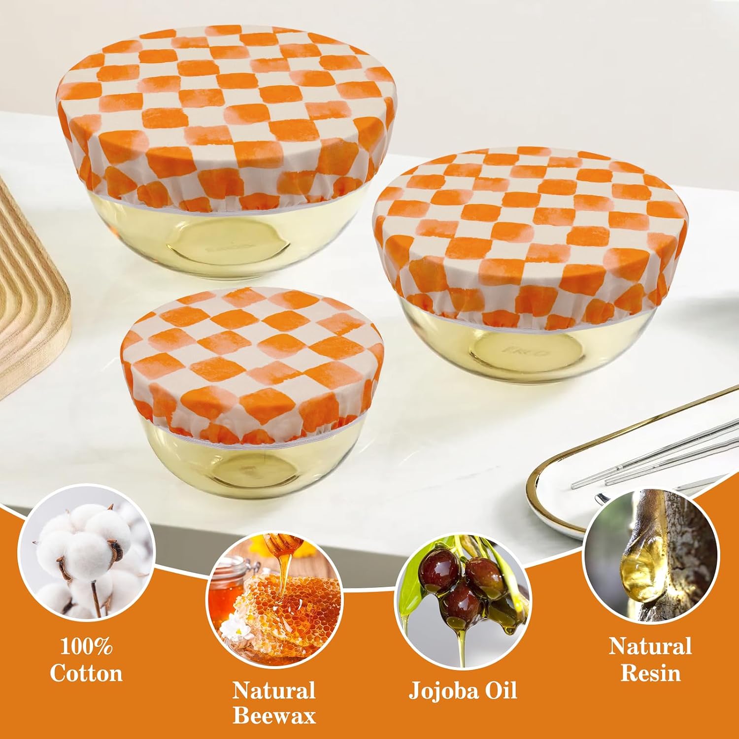 3 Pcs Beeswax Bowl Covers Reusable Cloth Cotton Bowl Covers Elastic Beeswax Food Wraps Elastic Fabric Cover Kitchen Storage Containers Lids for Bread Proofing Food Storage