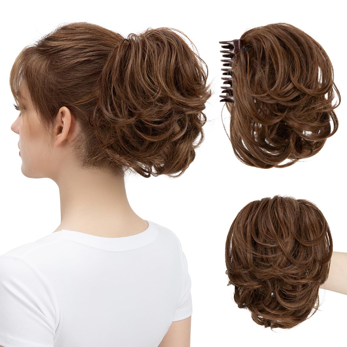 youngways Claw Clip Short Ponytail Messy Bun Hair Piece Bendable Hair Branch Extensions Fluffy Wavy Curly Synthetic Versatile Chocolate Multi