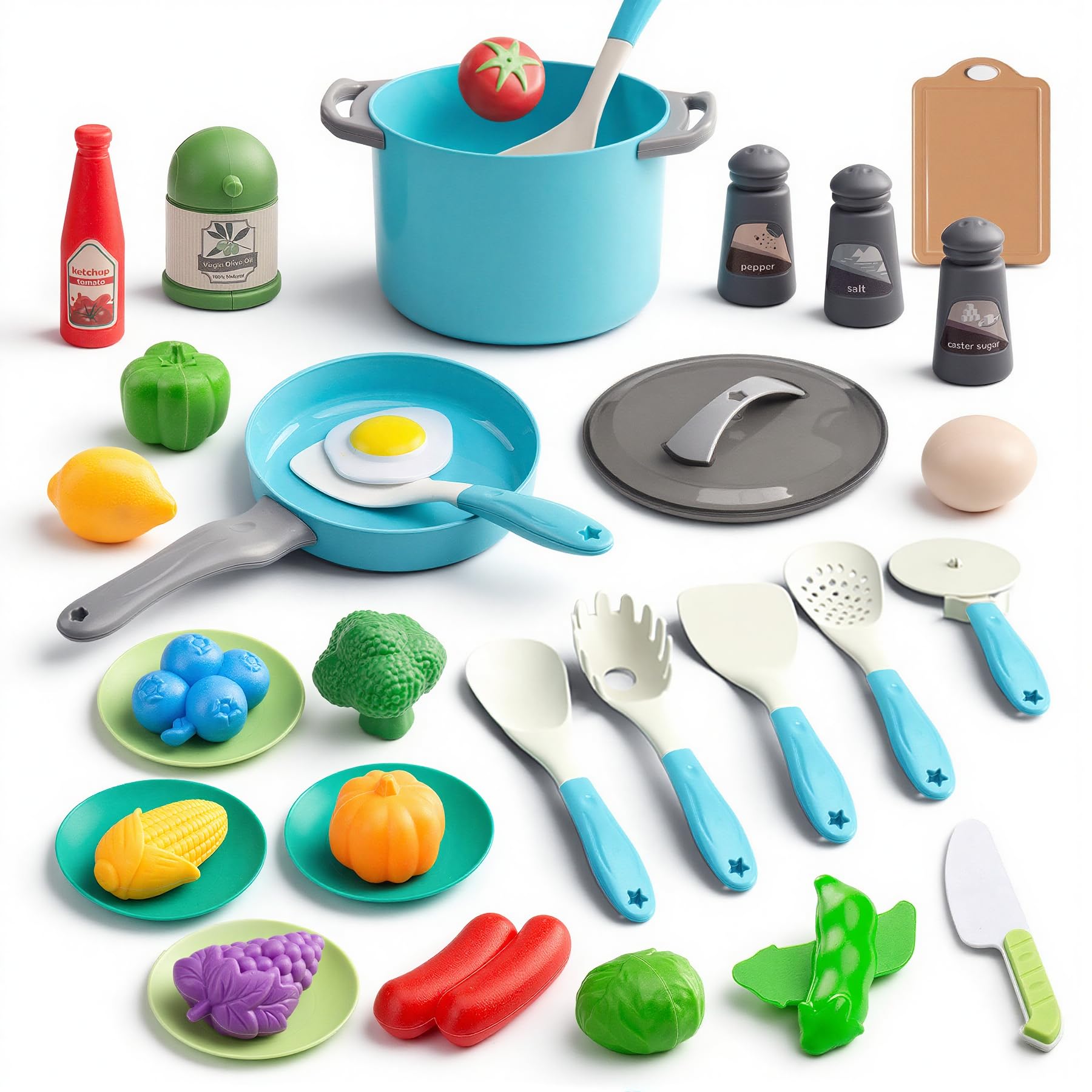 35Pcs Kids Kitchen Toy Accessories, Toddler Pretend Cooking Playset with Play Pots, Pans, Utensils, Cookware, Play Food Set, Toy Vegetables, Learning Gift for Girls &amp; Boys (Turquoise)