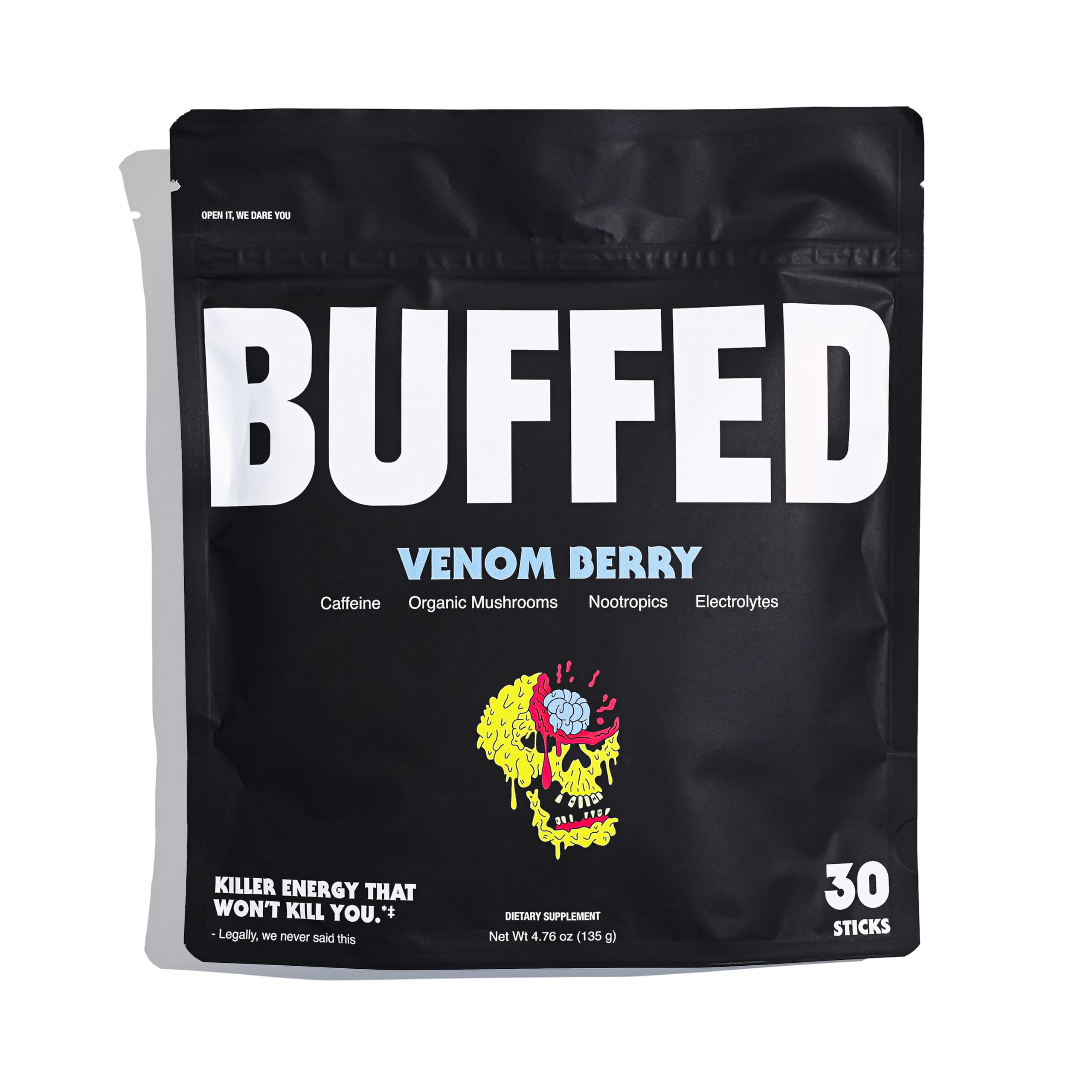 BUFFED Suplemento em pó para energia com cafeína, vitaminas do complexo B e eletrólitos 150 mg, 30 sachês sabor Venom Berry