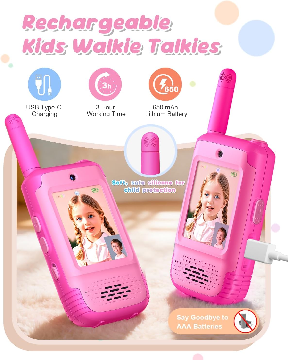 Video Walkie Talkies for Kids, Toys for Girls Ages 3-12, Kids Walkie Talkies 2 Pack with HD Video & 3 Voice Changers, Christmas Birthday Gifts for Kids Indoor Outdoor Camping Backyard Games (Pink)